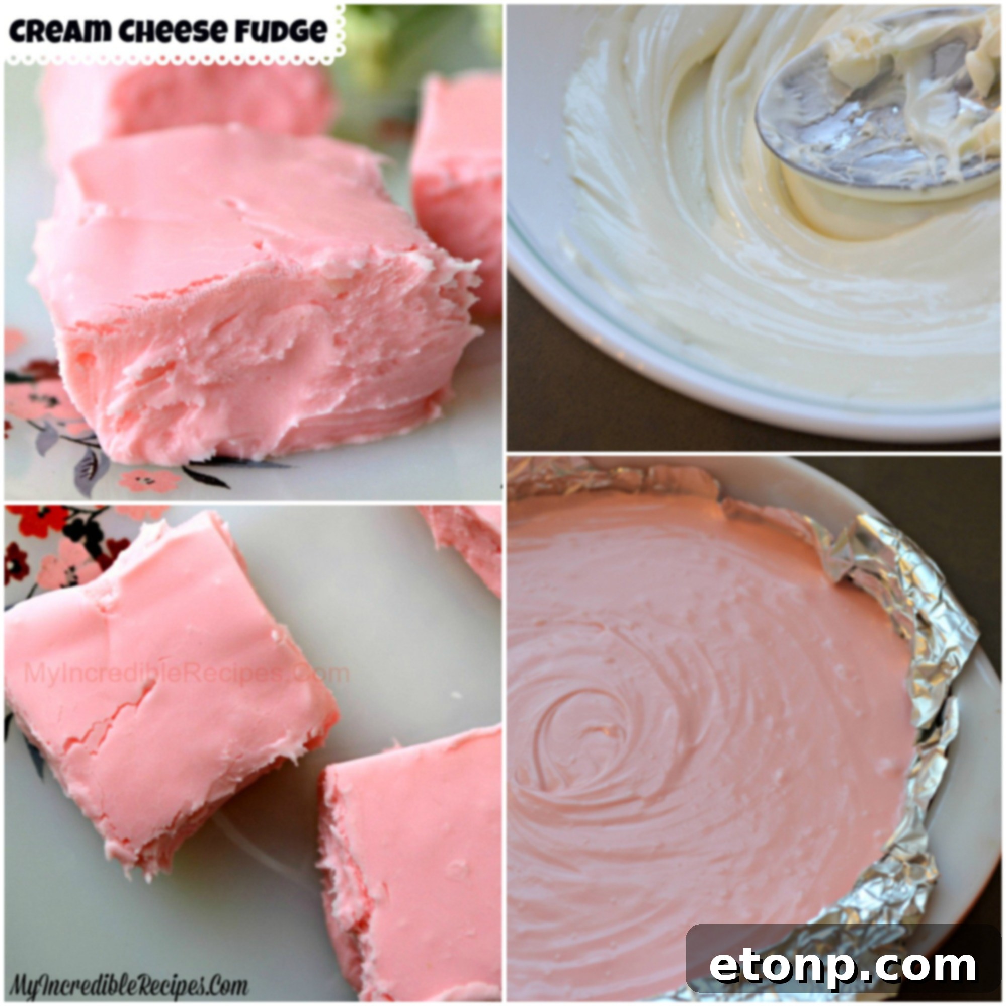 A generous serving of pink cream cheese fudge, beautifully presented