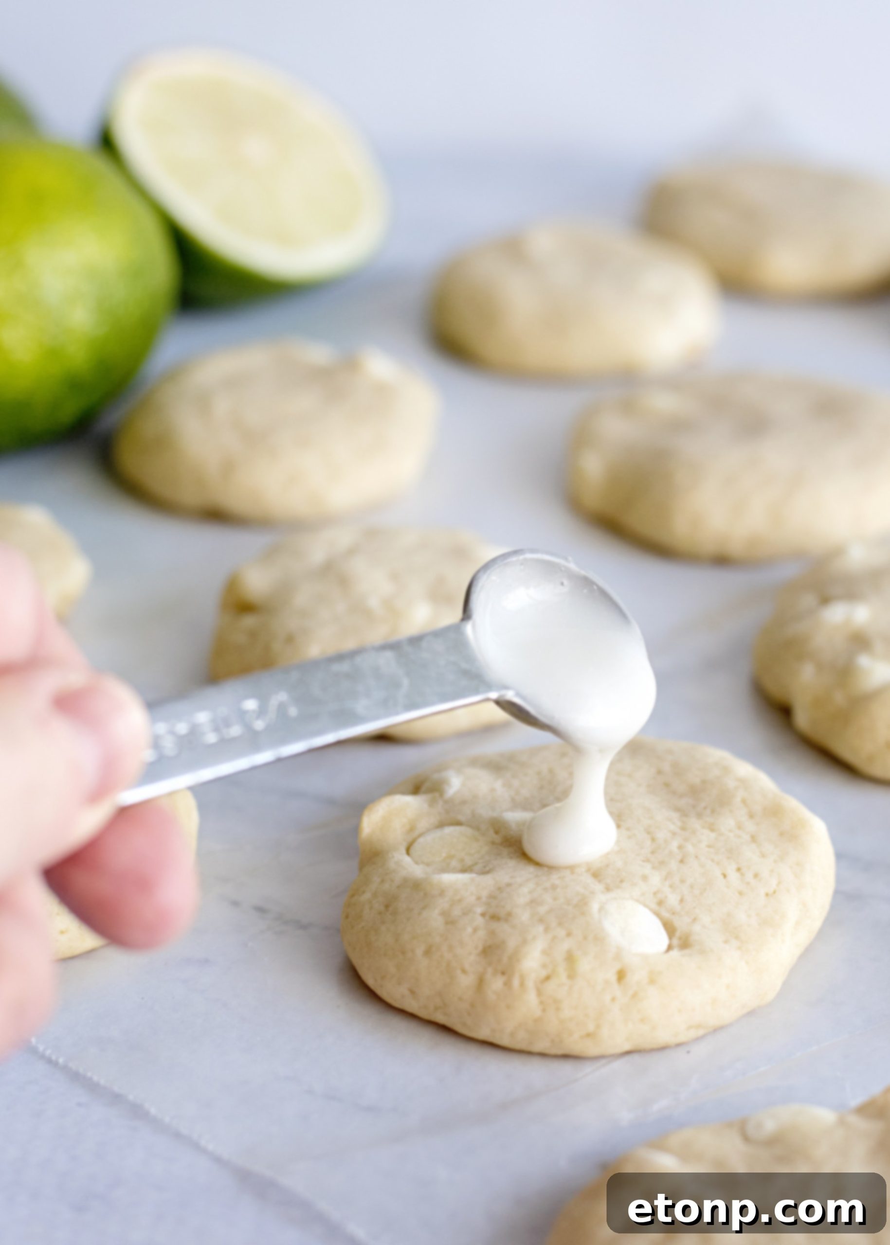 Close up of a single Key Lime Pie Cookie, showcasing its texture and glaze