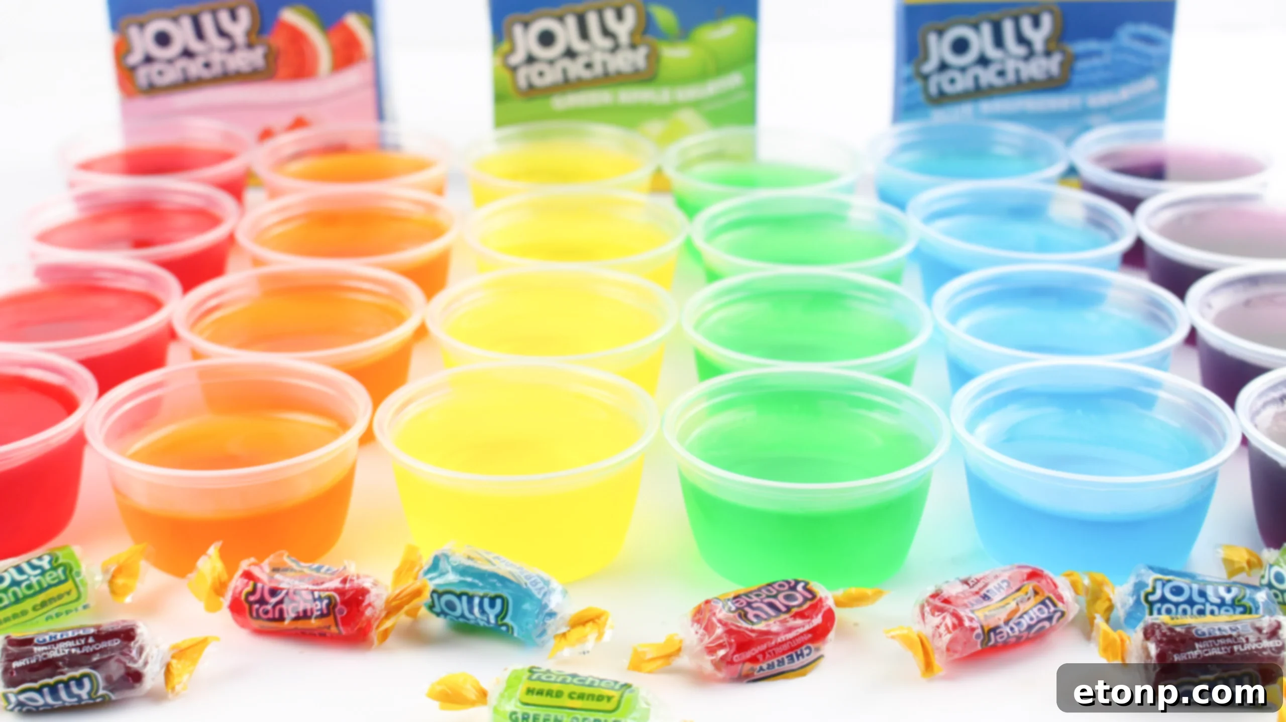 Jolly Rancher Jello Shots arranged on a tray, ready for serving at a party