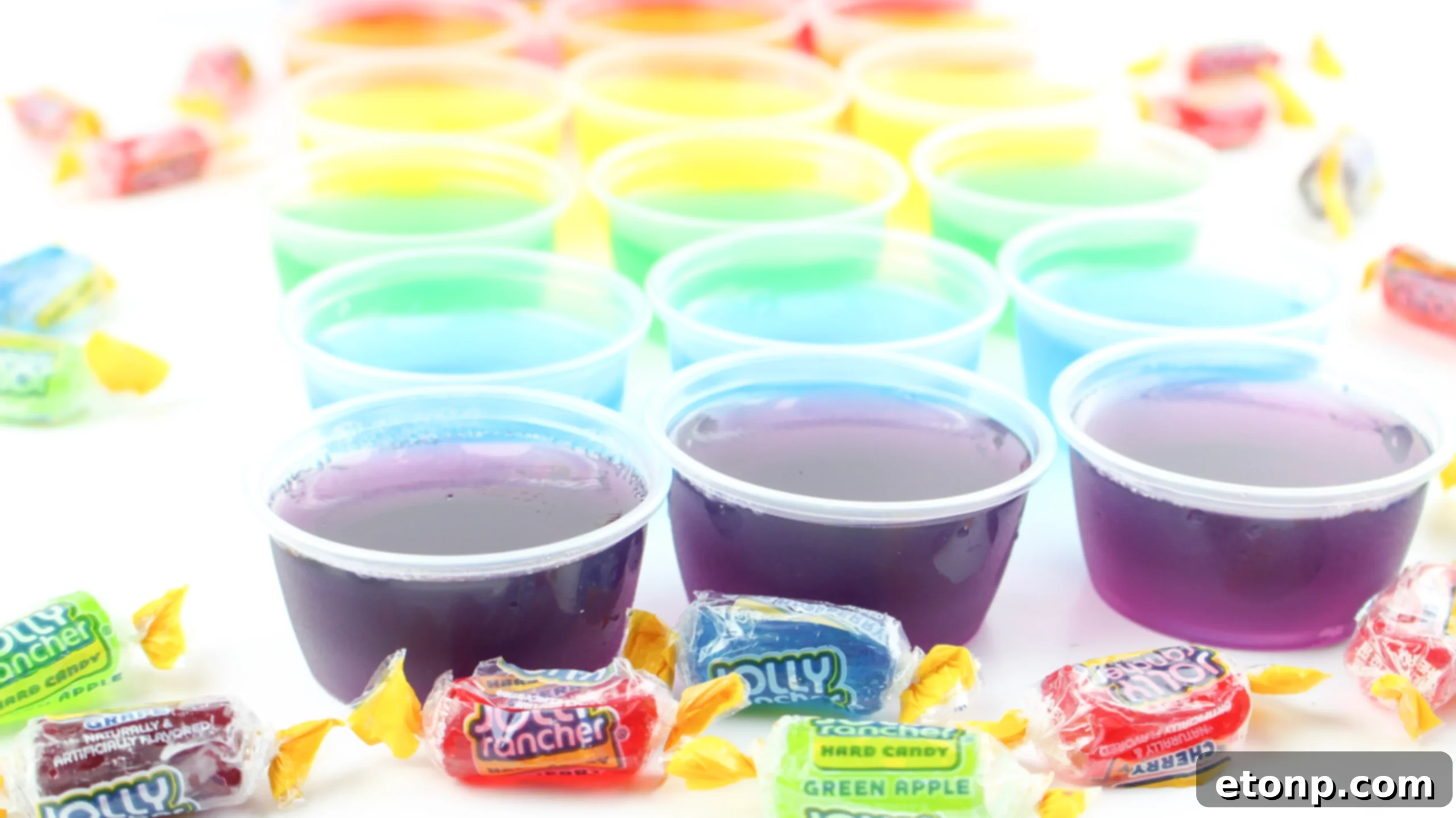 Assorted Jello Shots displayed on a reflective surface, highlighting their bright colors