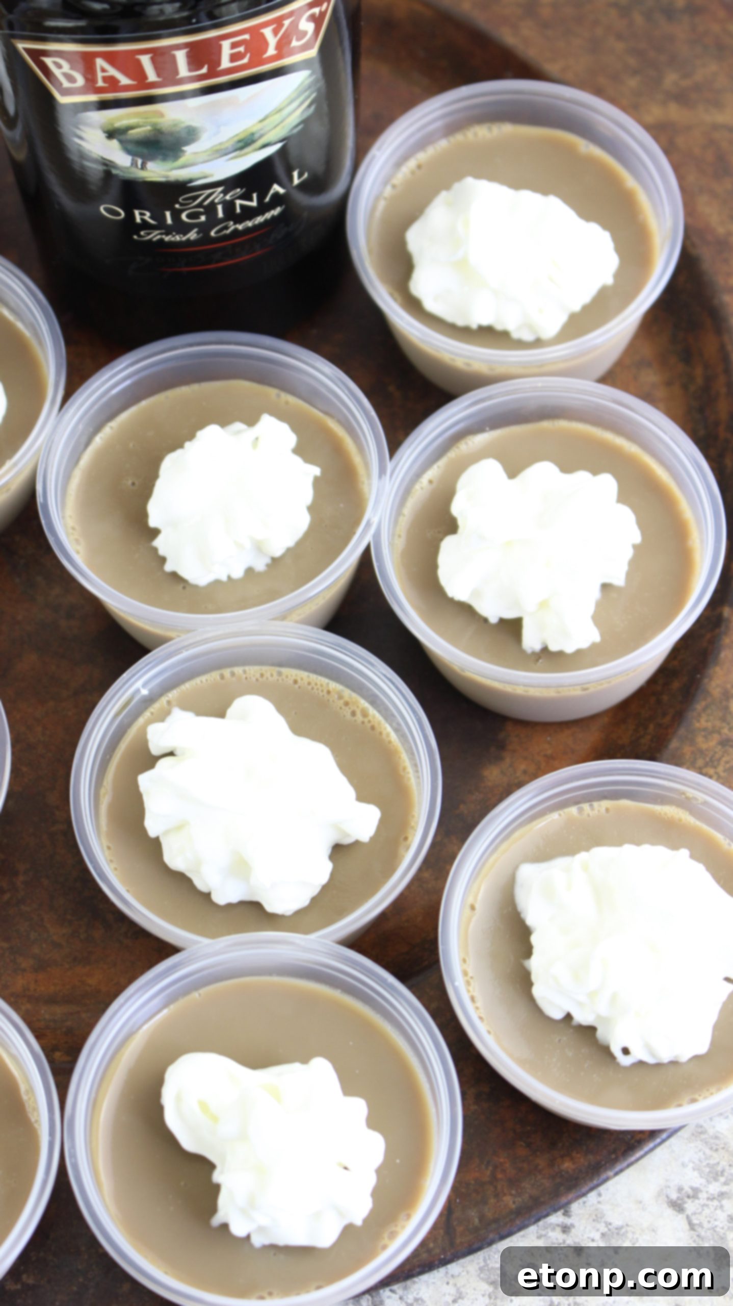 Another view of Baileys Irish Cream Jello Shots, ready to be served, highlighting their smooth tops.