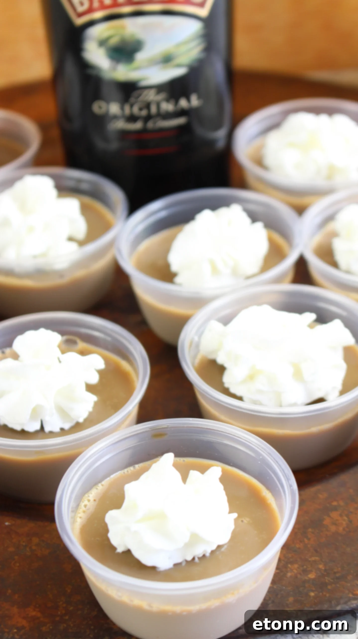 Final presentation of Baileys Irish Cream Jello Shots, showcasing their elegant appeal.