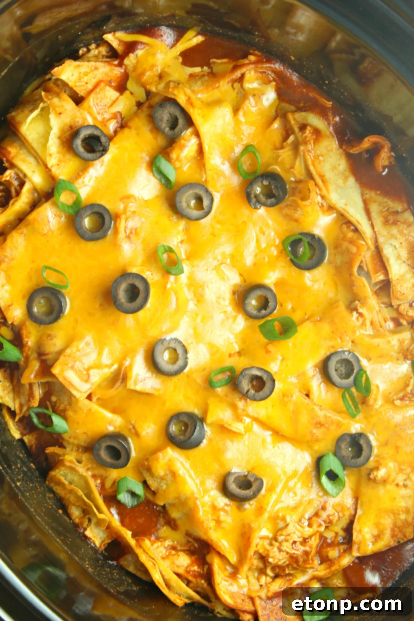 Side view of a serving of Slow Cooker Chicken Enchilada Casserole with distinct layers of chicken, beans, tortillas, and cheese