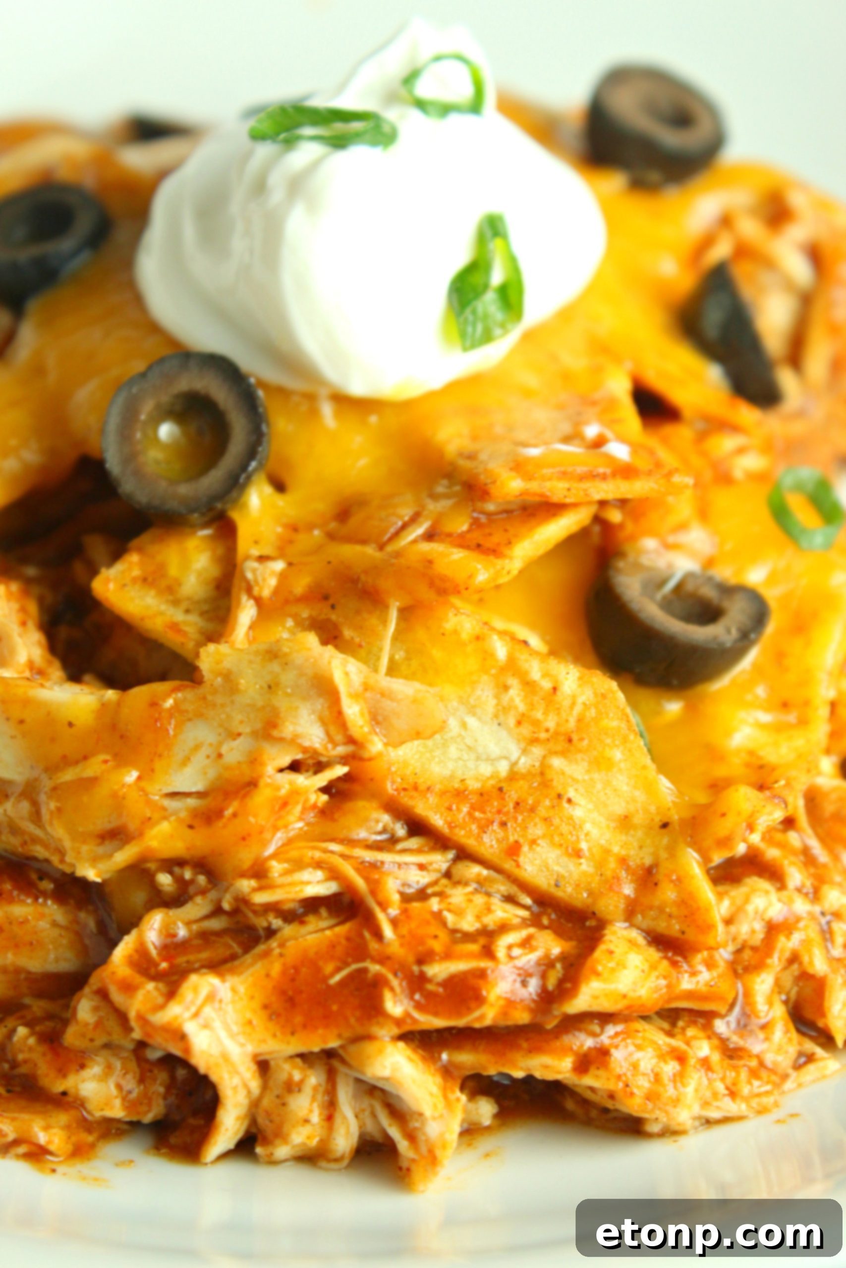 A pot of shredded chicken and onions, ready for the next steps in making Slow Cooker Chicken Enchilada Casserole