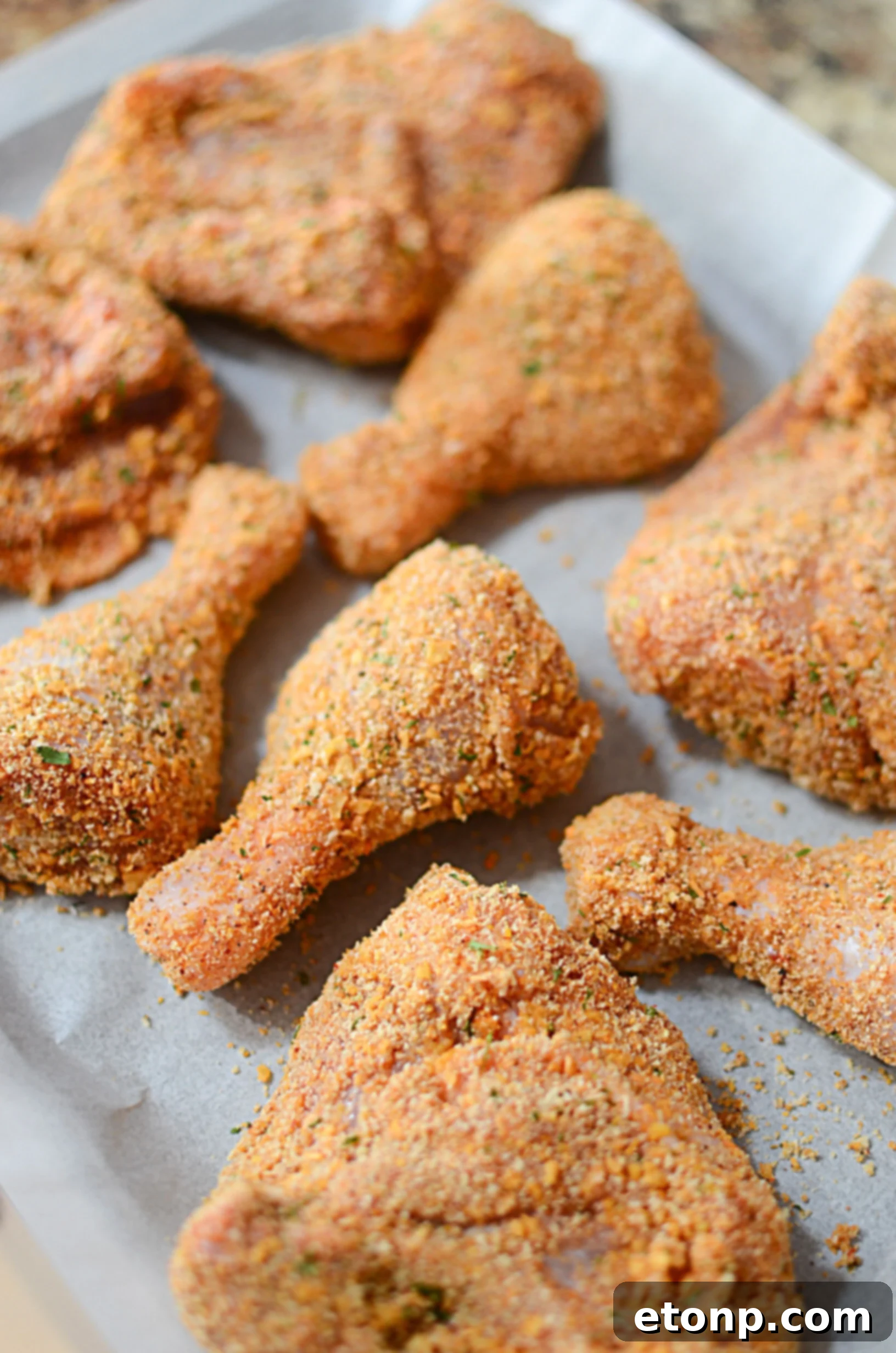 A close-up shot of a single piece of Taco Fried Chicken, highlighting the crunchy breading