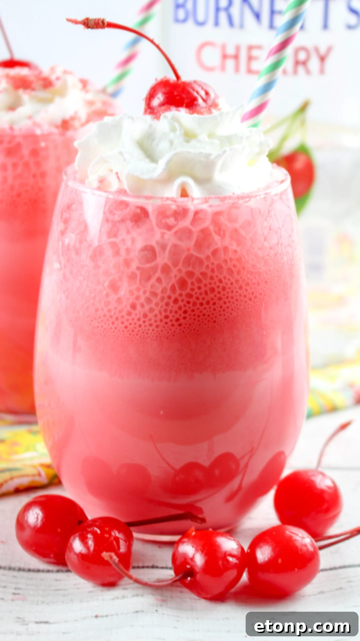 Close-up of a garnished Boozy Italian Cherry Ice Cream Soda
