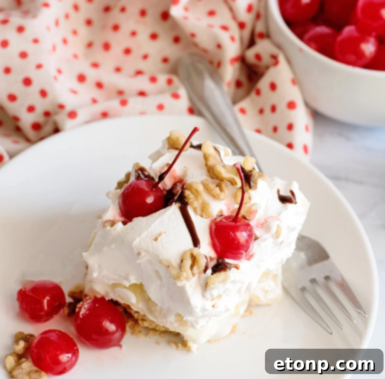 No-Bake Banana Split Dessert decorated for Easter with pastel colors