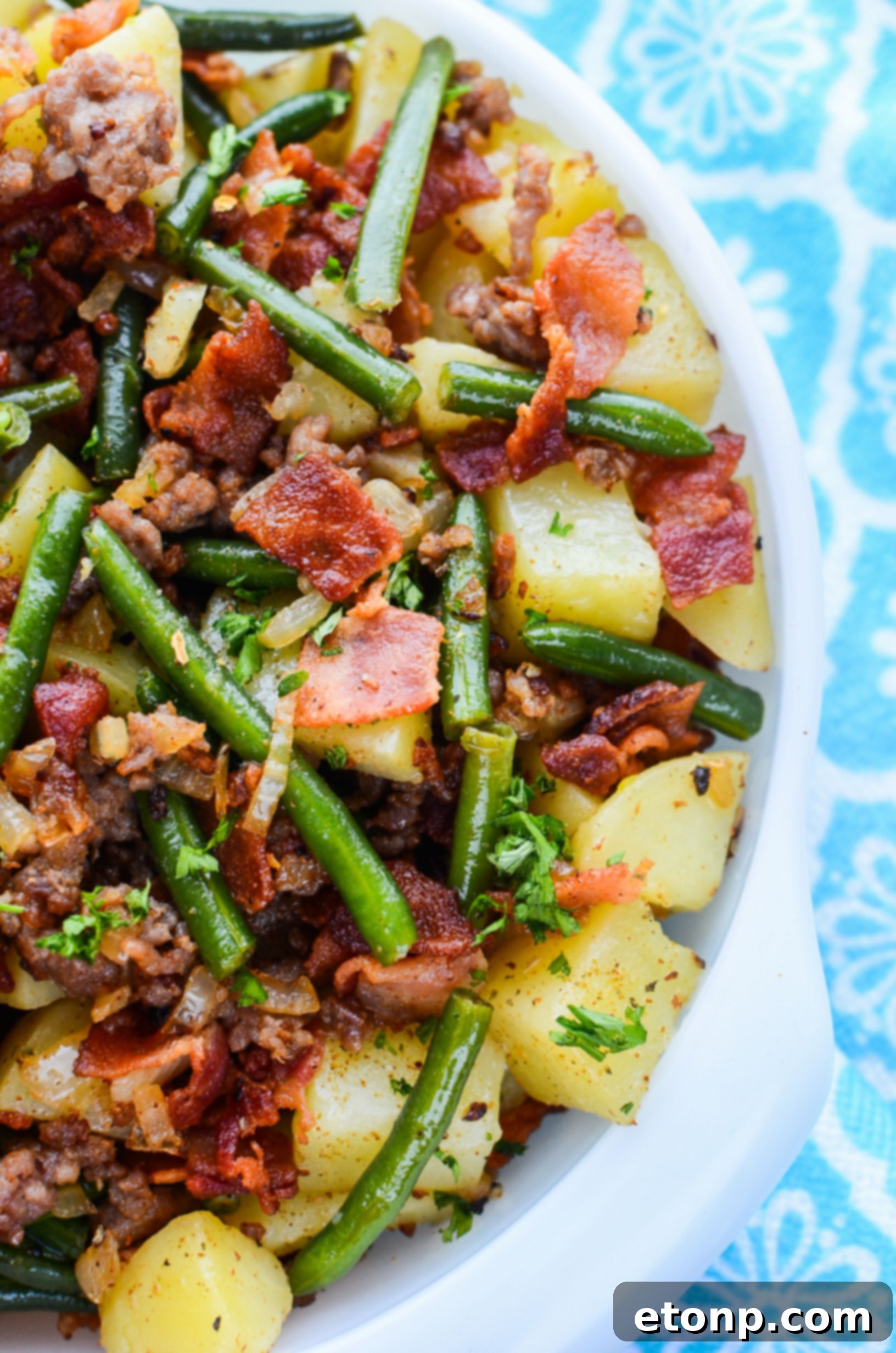 Another view of the delicious Southern Sausage, Potatoes, and Green Beans dish