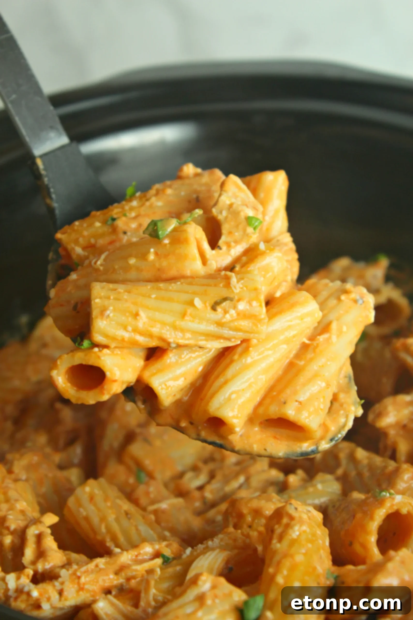 Close-up of Slow Cooker Creamy Chicken Rigatoni, showing the creamy sauce and rigatoni pasta