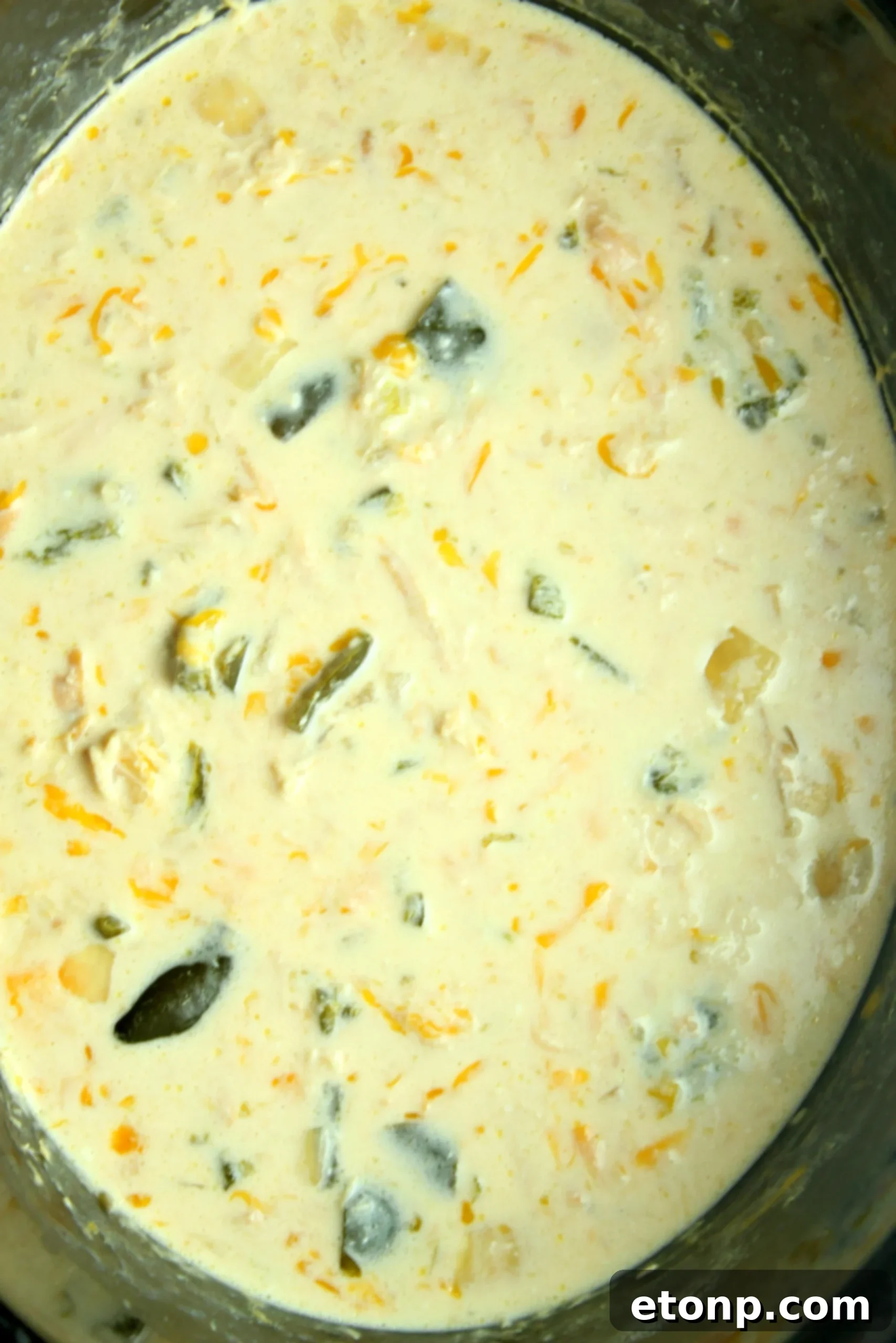 Overhead shot of Slow Cooker Chicken Chile Rellenos Soup garnished and ready for serving in a rustic bowl