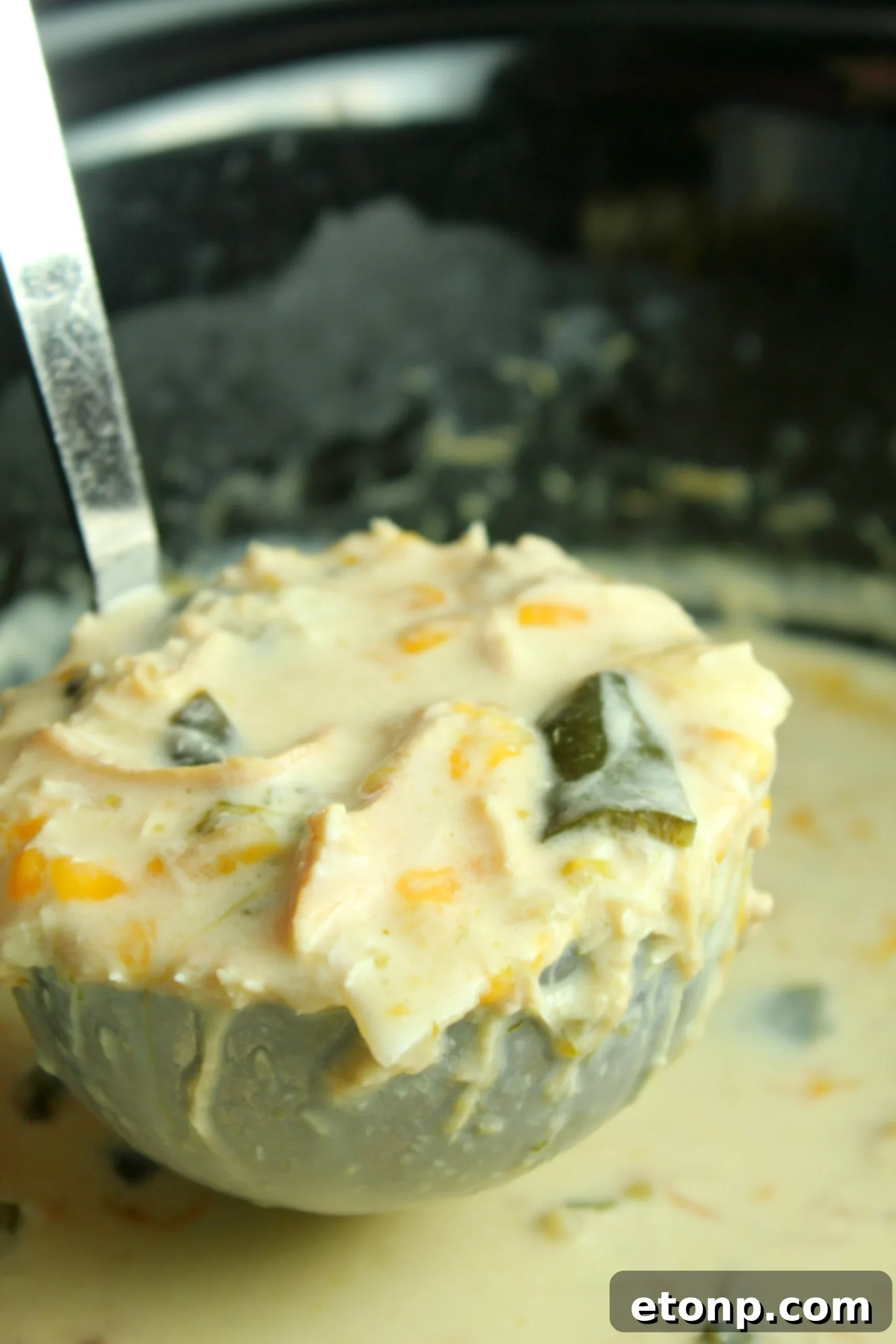 A perfectly portioned bowl of Slow Cooker Chicken Chile Rellenos Soup, adorned with a fresh garnish and ready for enjoyment