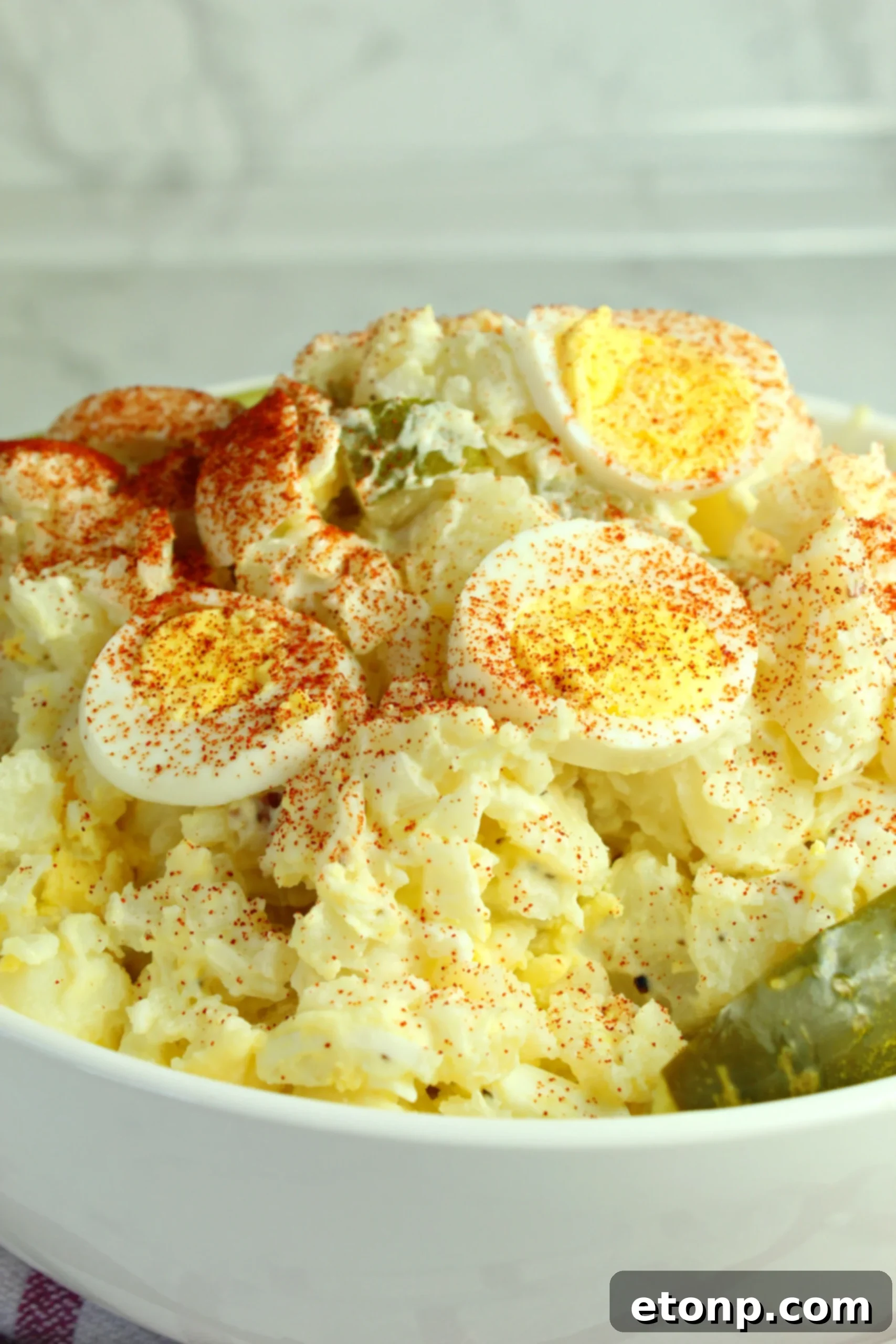 A vibrant outdoor shot of the dill pickle potato egg salad, garnished, and ready for a summer picnic or BBQ.