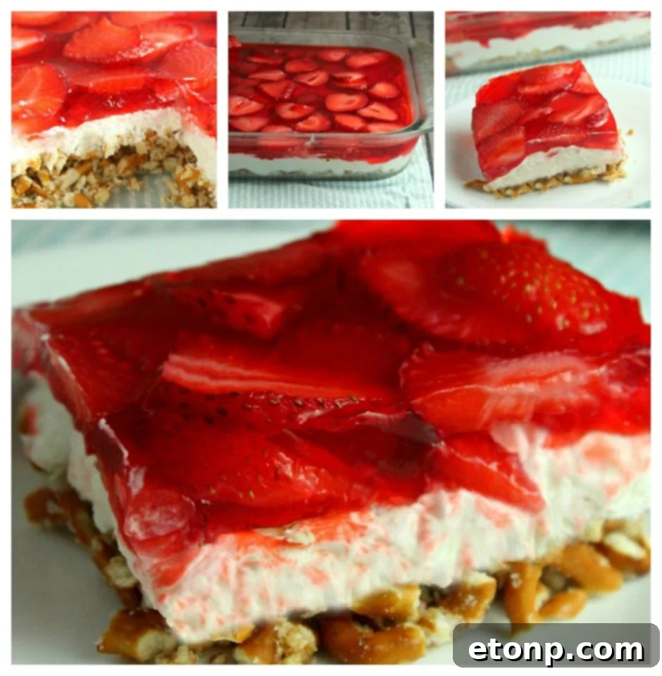 Close-up of a Strawberry Pretzel Salad slice, showcasing the distinct layers of golden pretzel crust, creamy white filling, and fruit-filled gelatin.