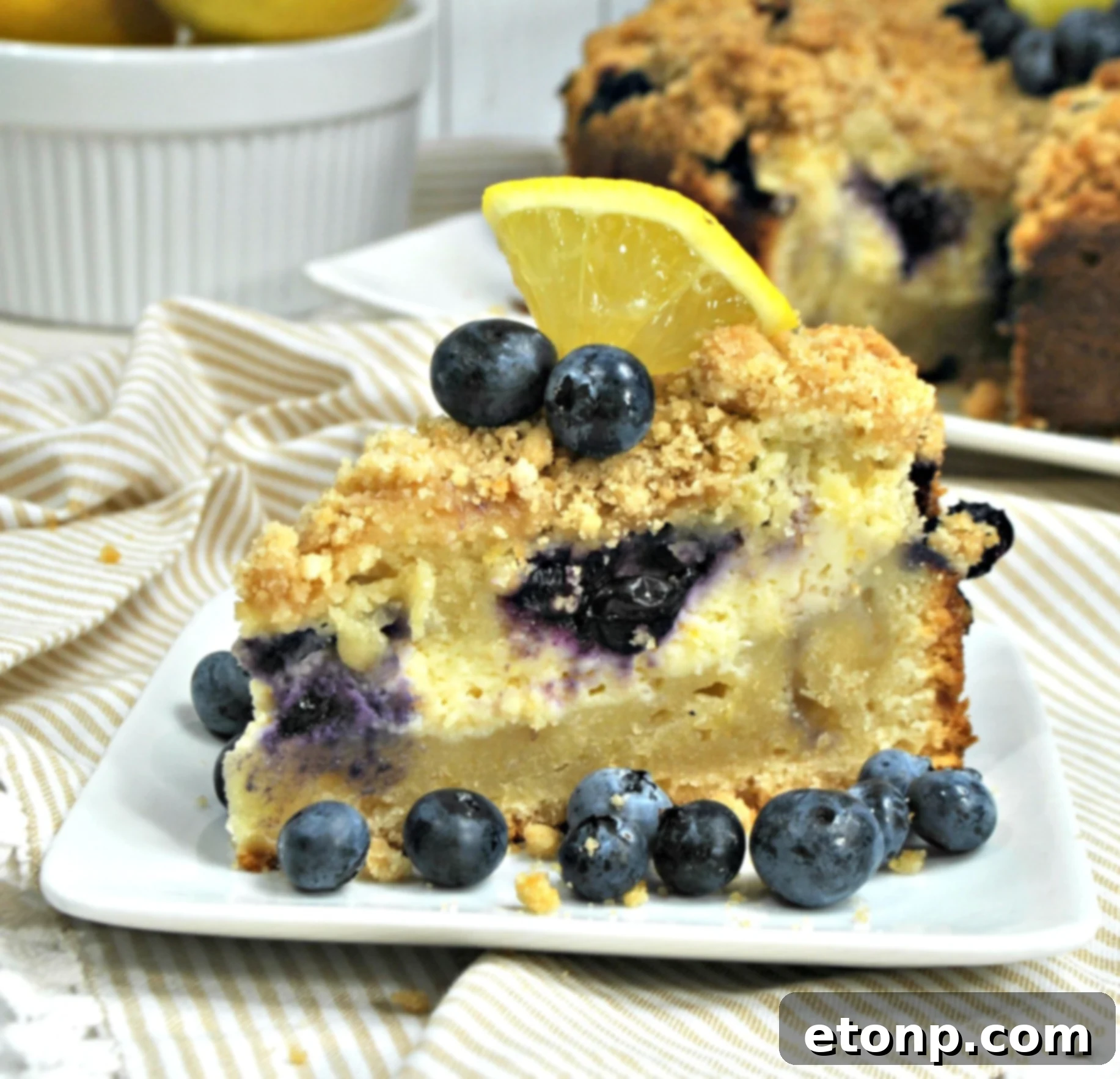 A close-up of a Blueberry Cream Cheese Coffee Cake slice on a plate with a fork, showing the moist crumb.