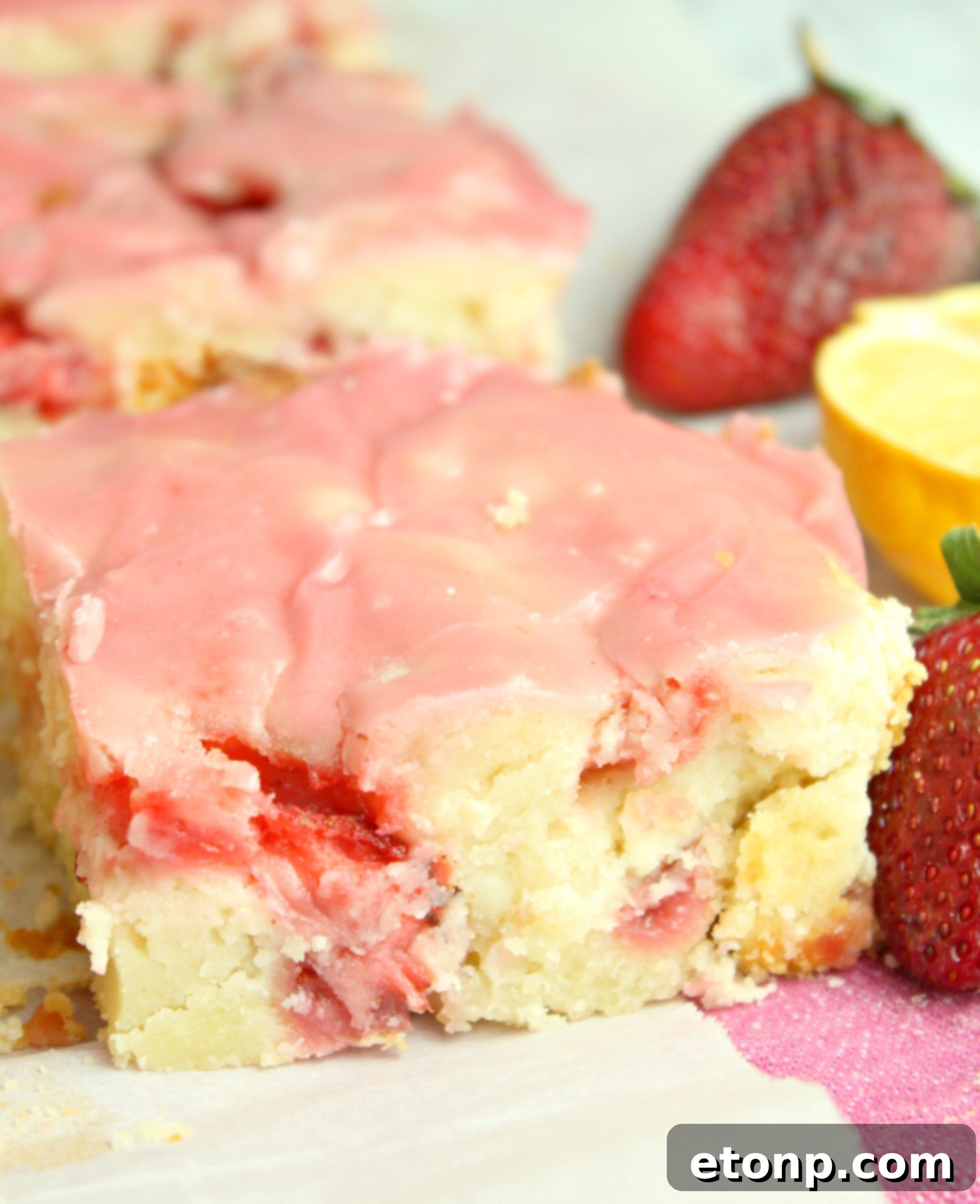 Homemade Strawberry Lemon Blondies 9 Artfully arranged strawberry lemon blondies with fresh strawberries and lemon slices