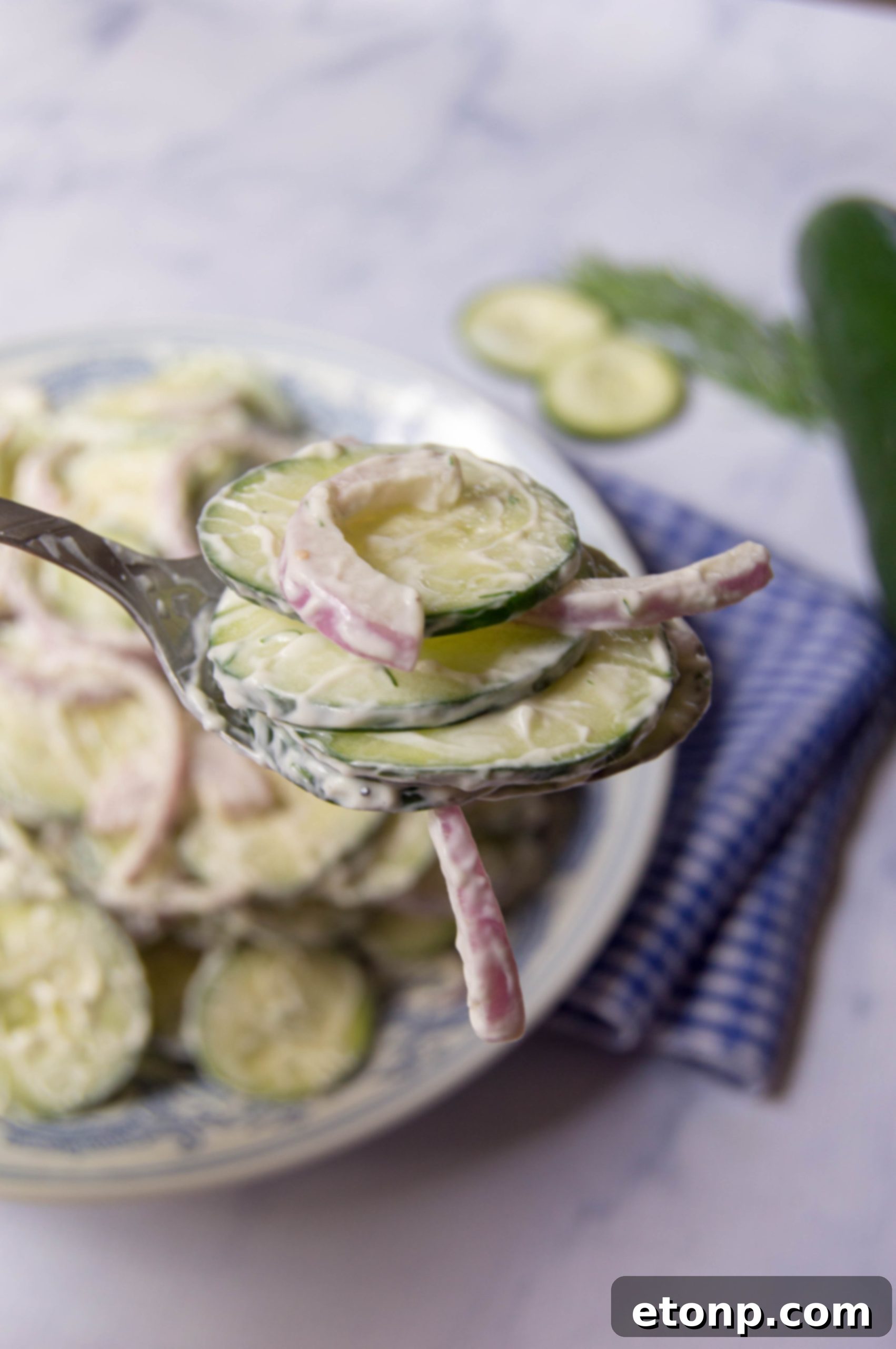 Overhead shot of creamy cucumber salad with fresh dill