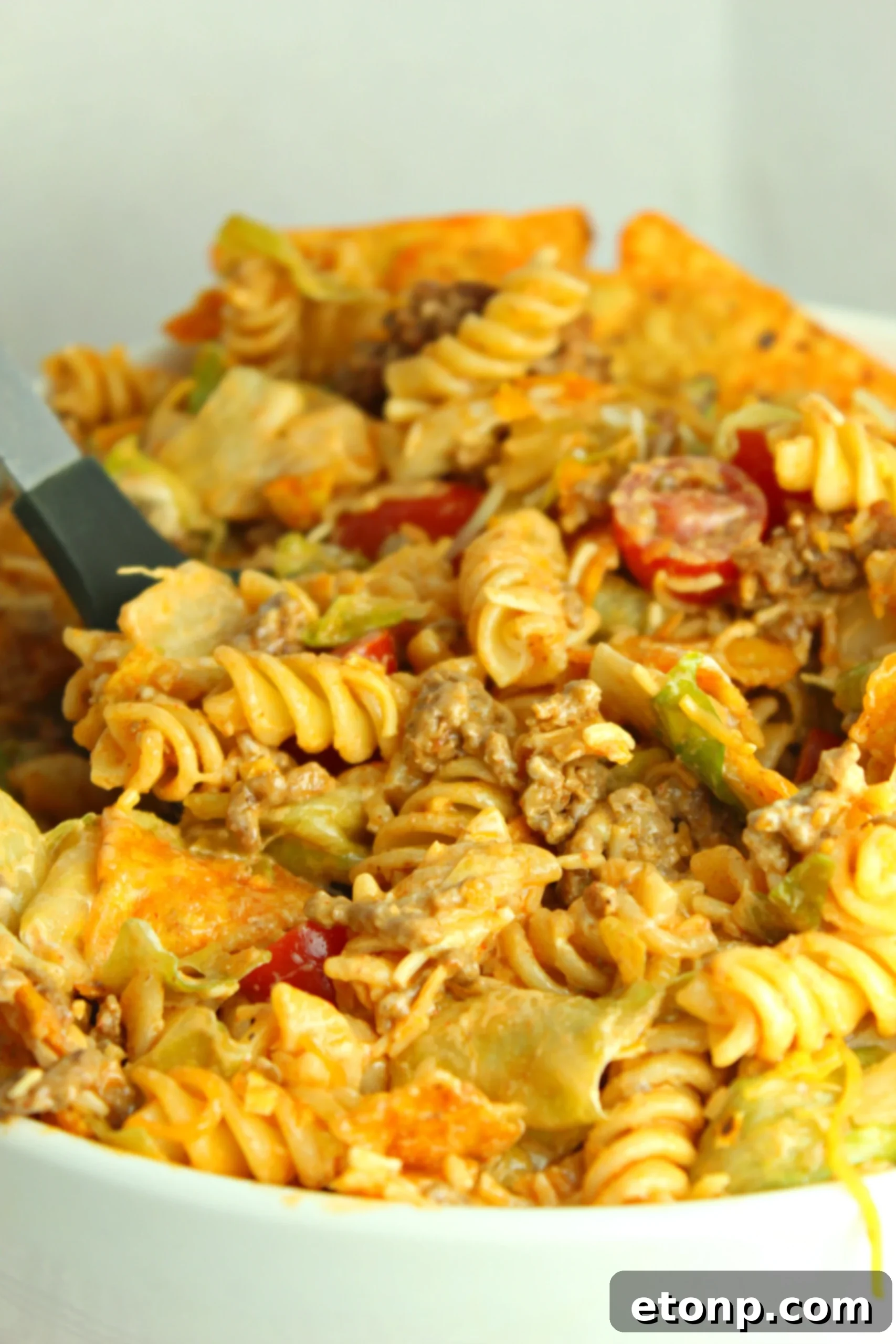 Another beautiful shot of the Doritos Locos Taco Pasta Salad, highlighting its visual appeal and deliciousness.