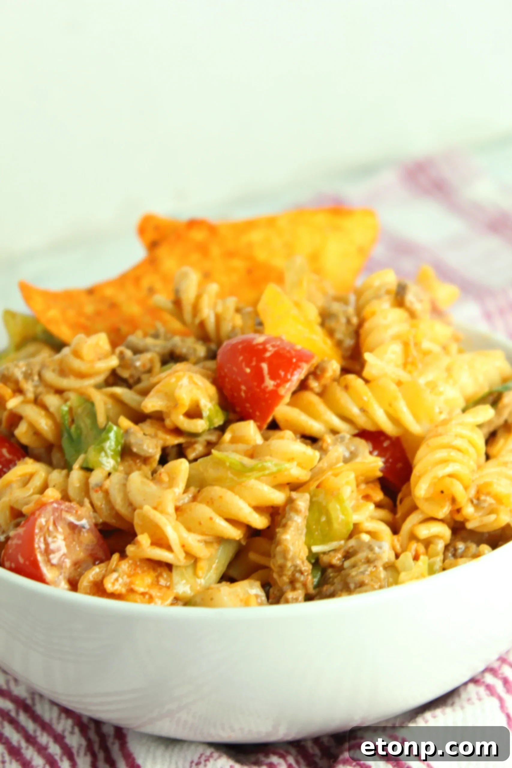 The Doritos Locos Taco Pasta Salad, ready to be served, reinforcing its status as a highly sought-after recipe.
