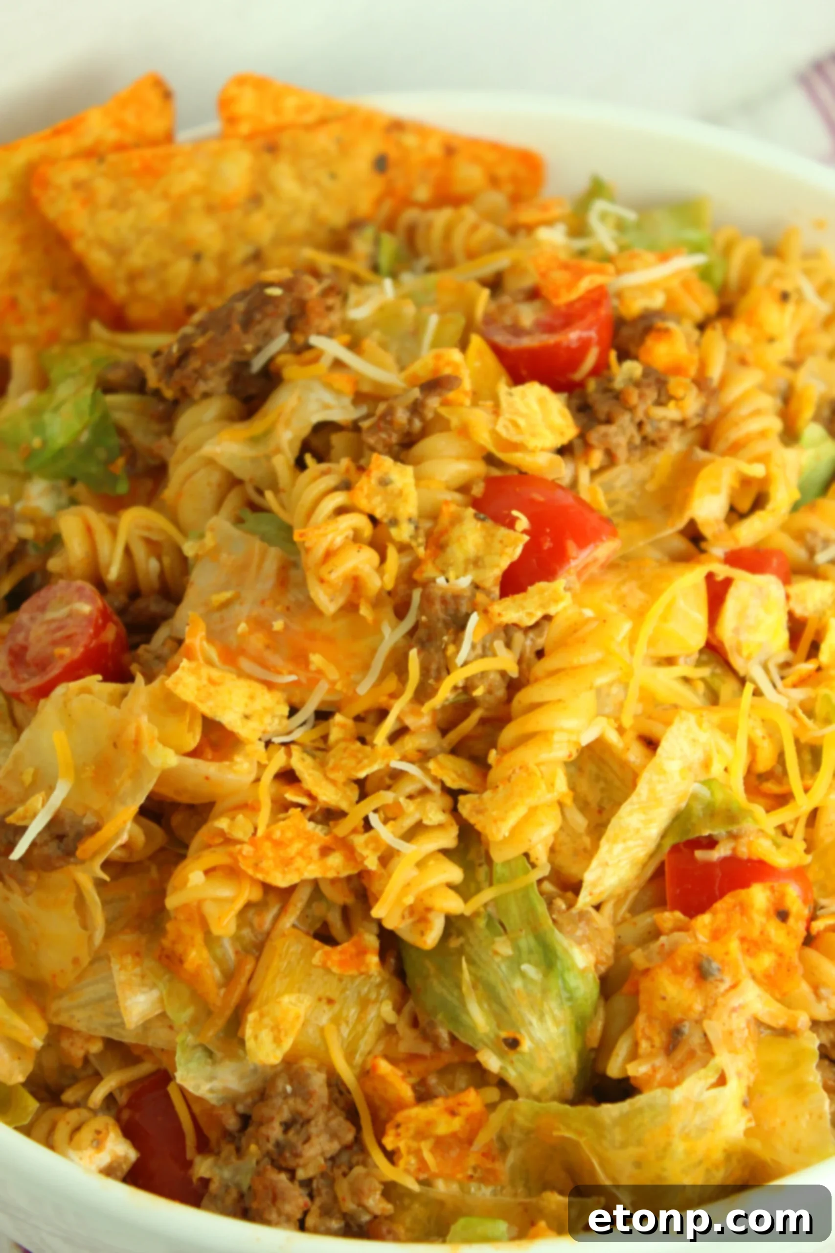 A closer view of the Doritos Locos Taco Pasta Salad, with a note that it can be adapted for a low-carb diet.
