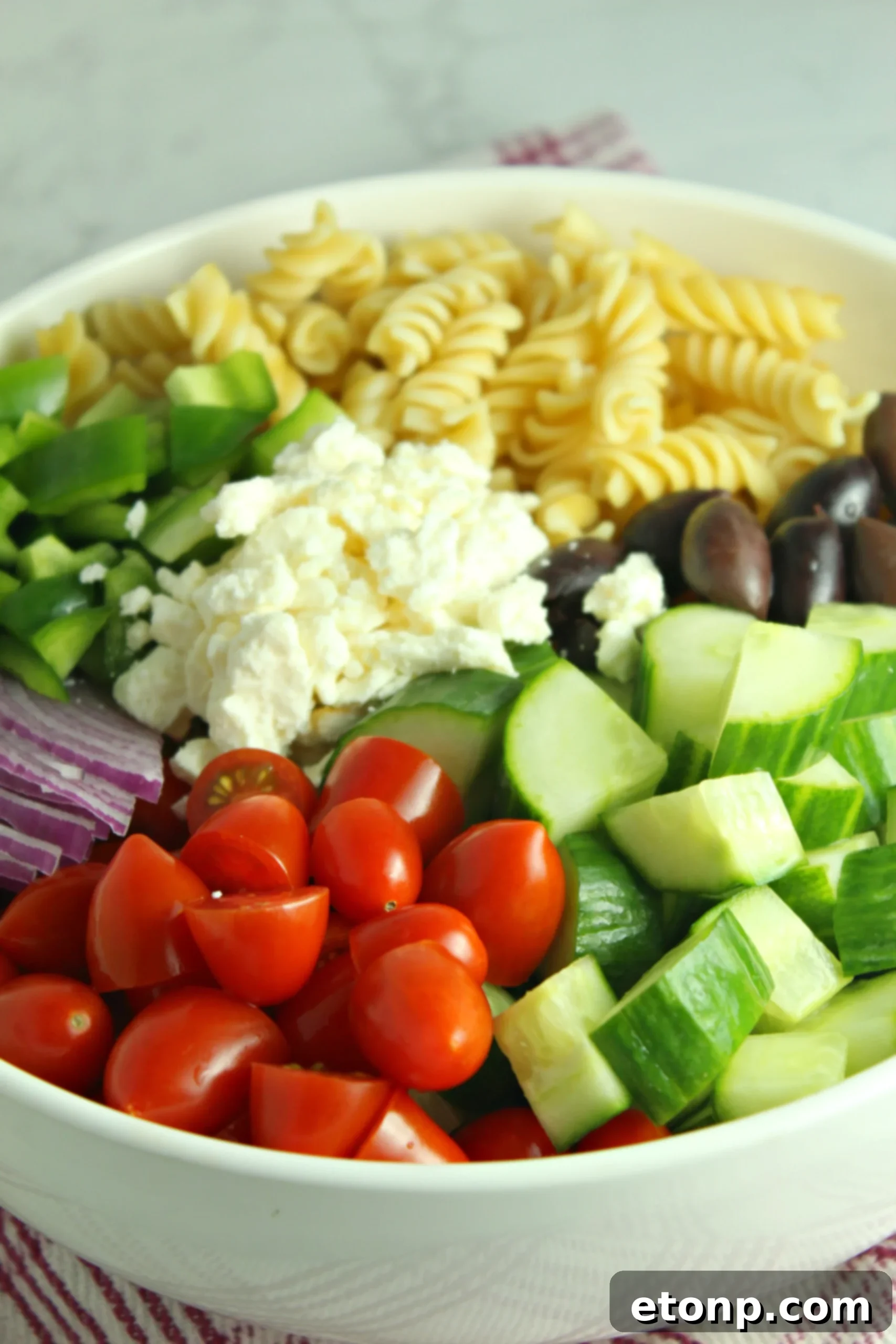 Close-up of Greek Pasta Salad showcasing fresh cherry tomatoes, rotini pasta, and a sprinkling of feta cheese.