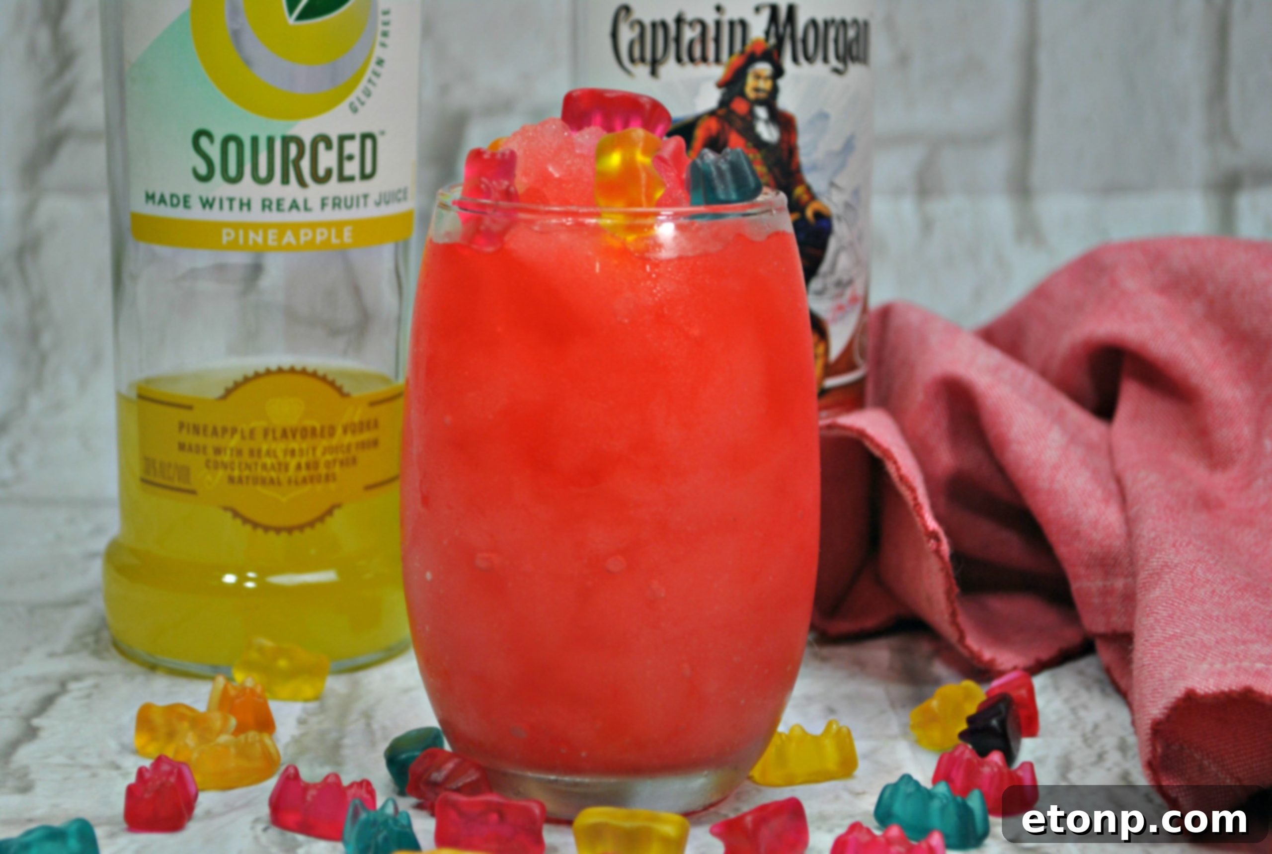 Another perspective of the Drunken Gummy Bear Cocktail, highlighting its slushy texture