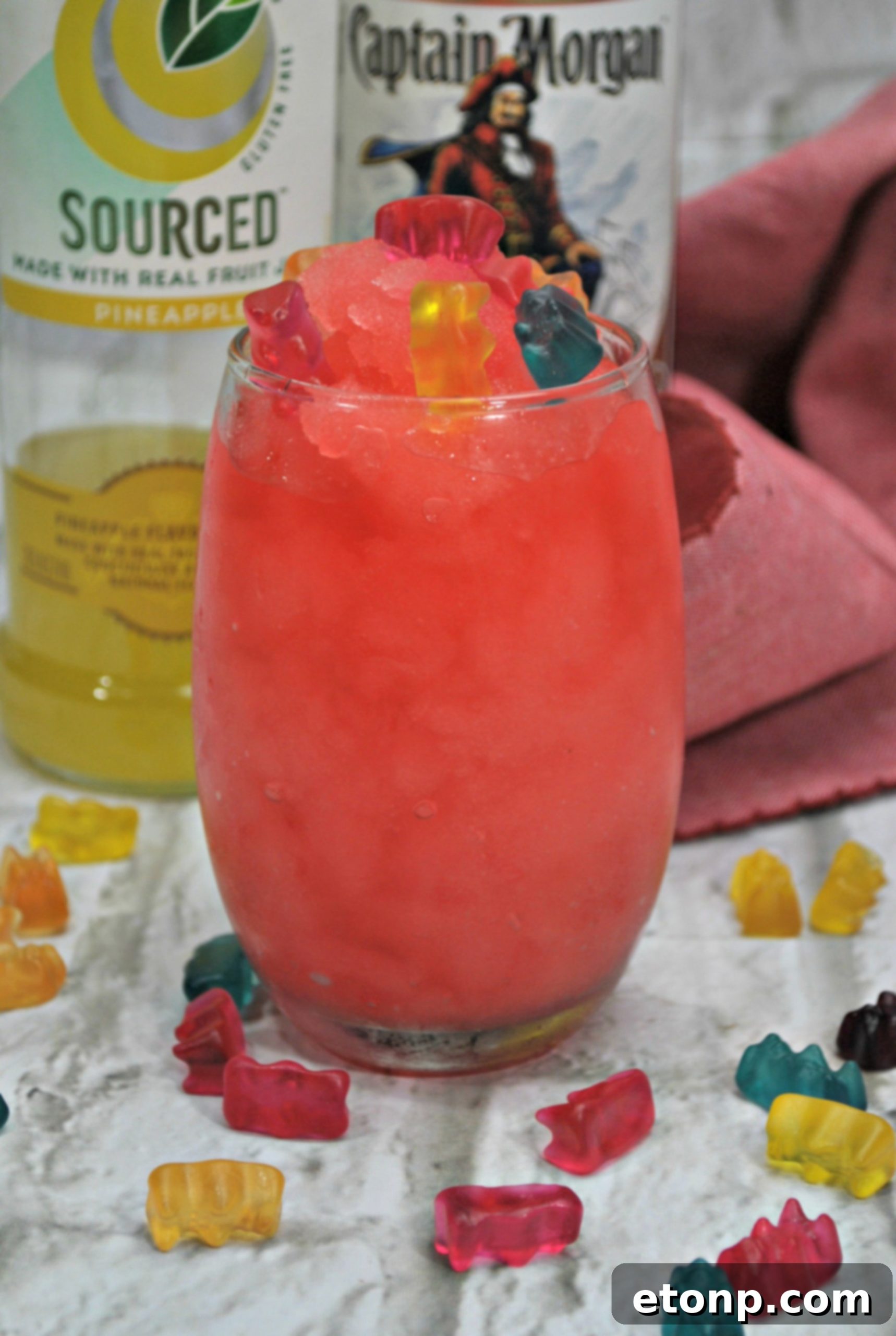 Close-up of a Drunken Gummy Bear Cocktail, emphasizing the colorful gummy bears