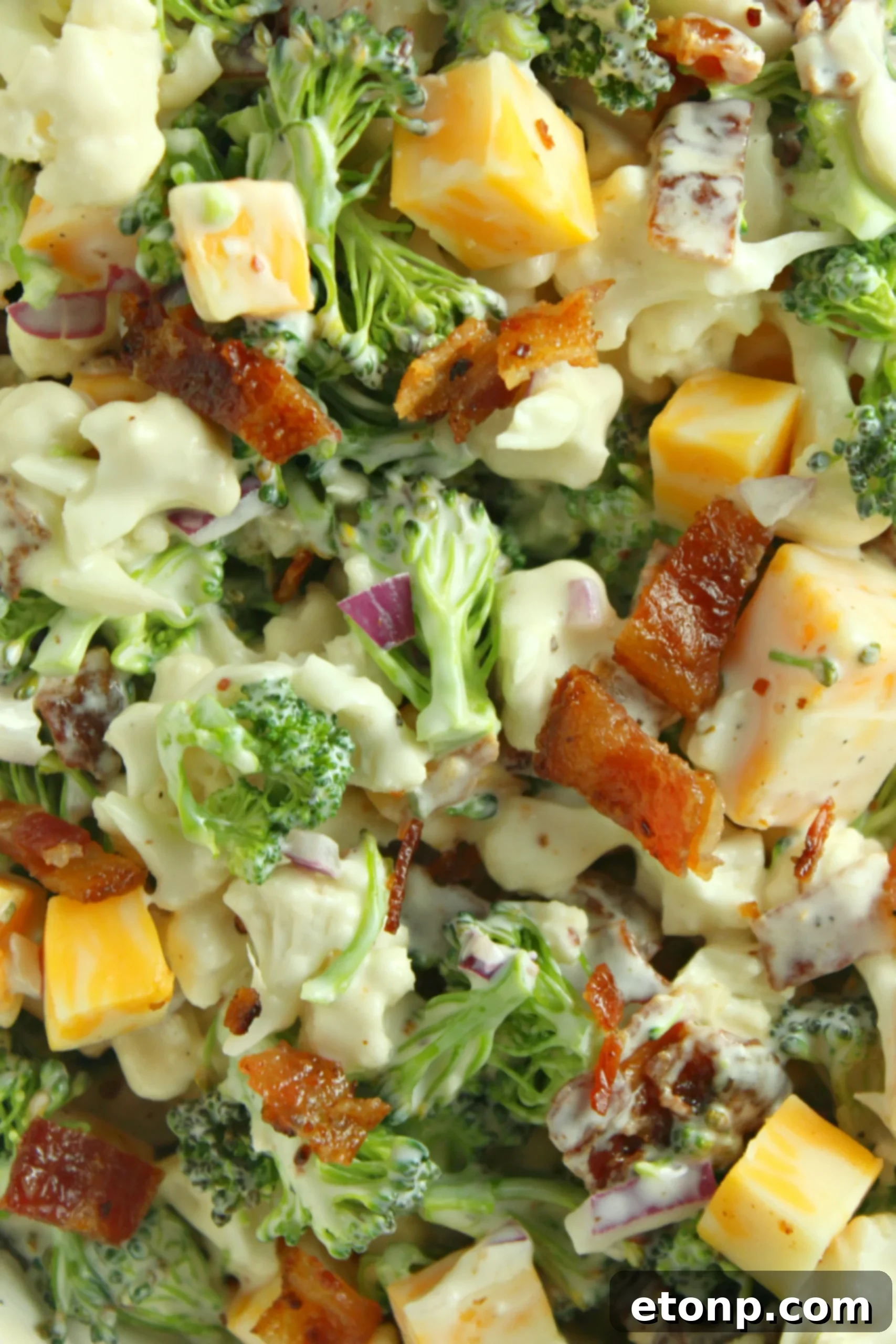 Rich and Flavorful Low Carb Broccoli Cauliflower Salad 9 A generous serving of Loaded Broccoli Cauliflower Salad in a bowl, garnished with extra crispy bacon bits on top.