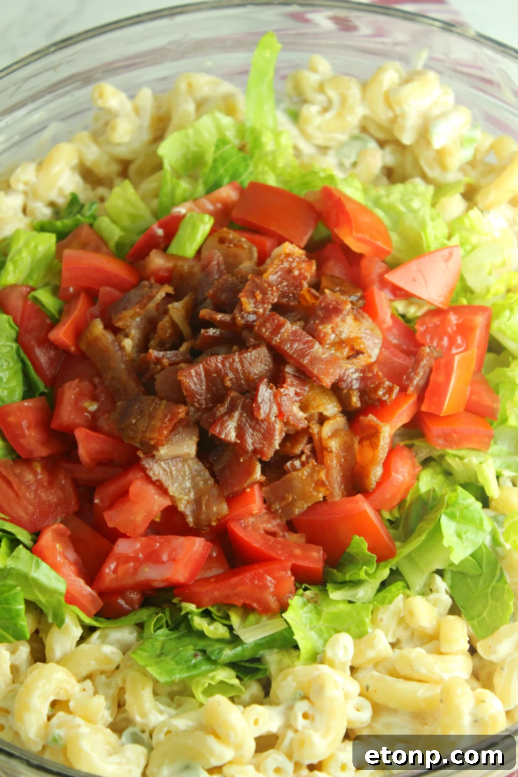 Loaded BLT Pasta Salad 3 Close-up of creamy BLT Pasta Salad with elbow macaroni, bacon, lettuce, and tomatoes, showcasing its delightful texture.