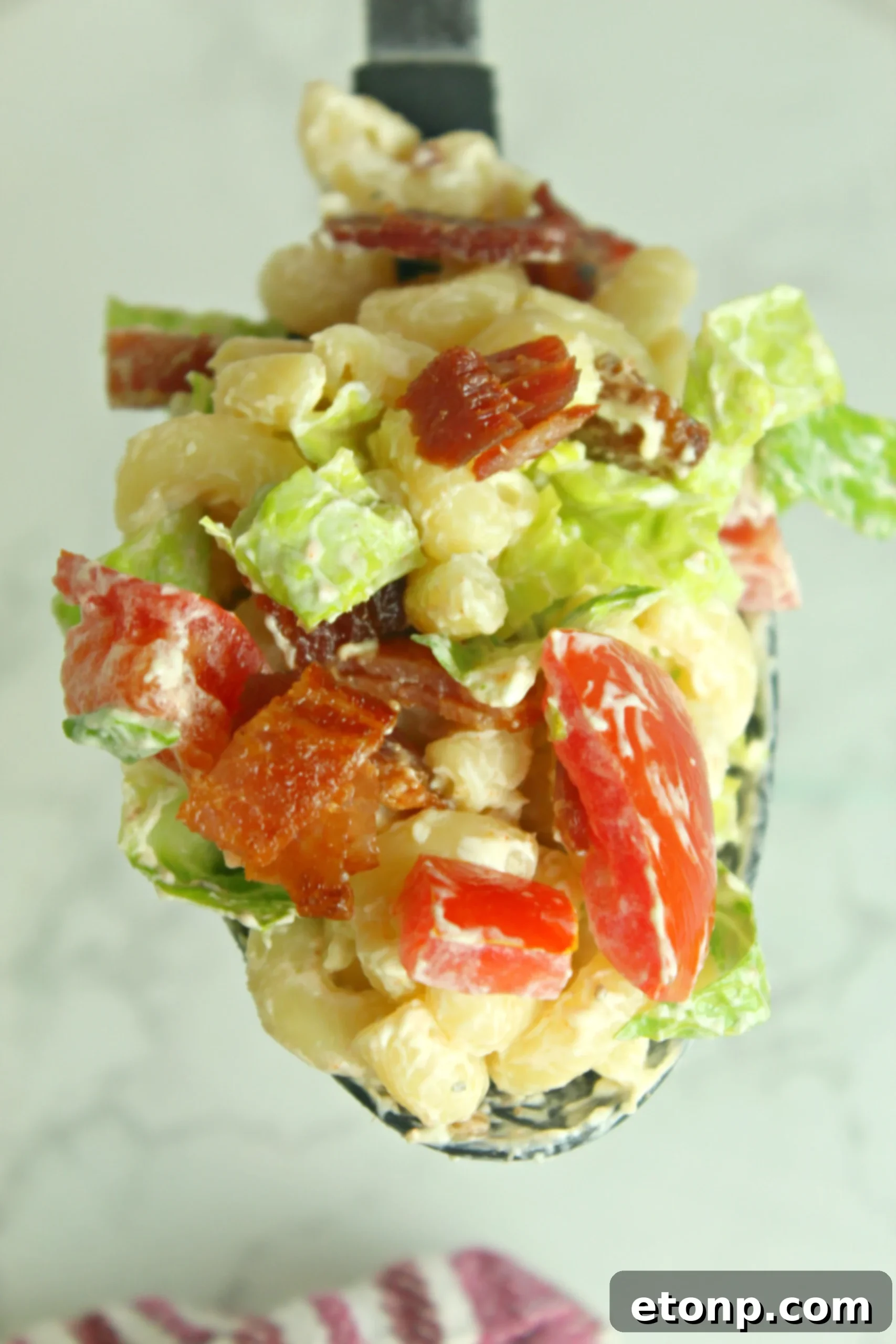 Loaded BLT Pasta Salad 5 BLT Pasta Salad in a serving bowl, ready for a party, with a spoon for easy serving.