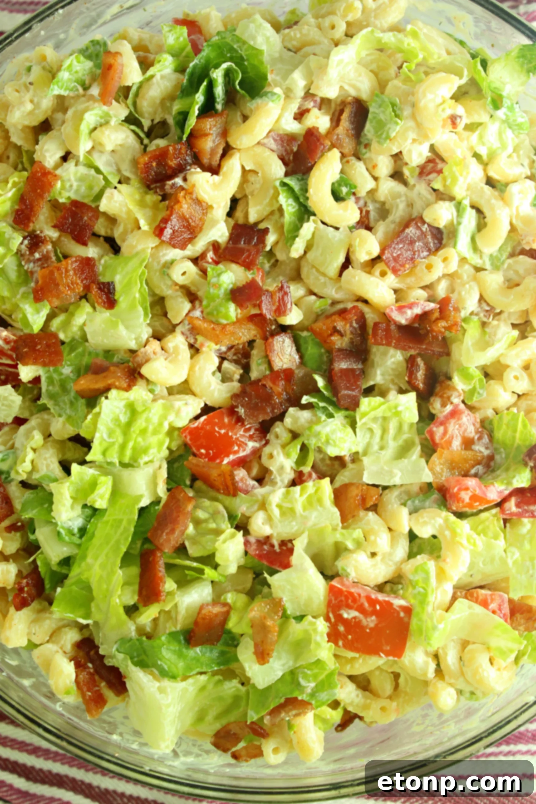 Loaded BLT Pasta Salad 8 Another perspective of the large BLT Pasta Salad, emphasizing its fresh ingredients and readiness for serving.