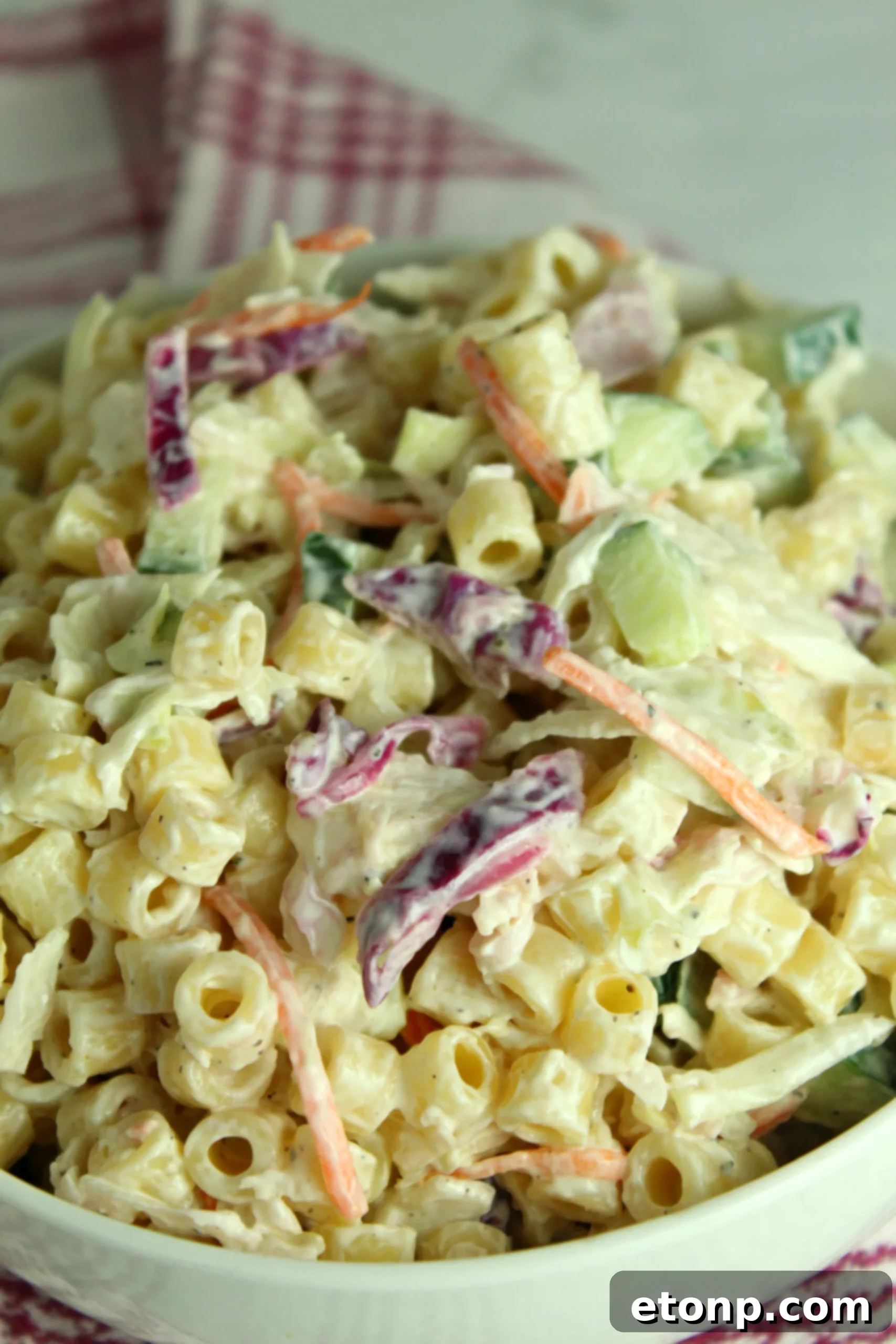 A vibrant bowl of Coleslaw Pasta Salad, packed with fresh vegetables and creamy dressing, ready to be served at a summer gathering.