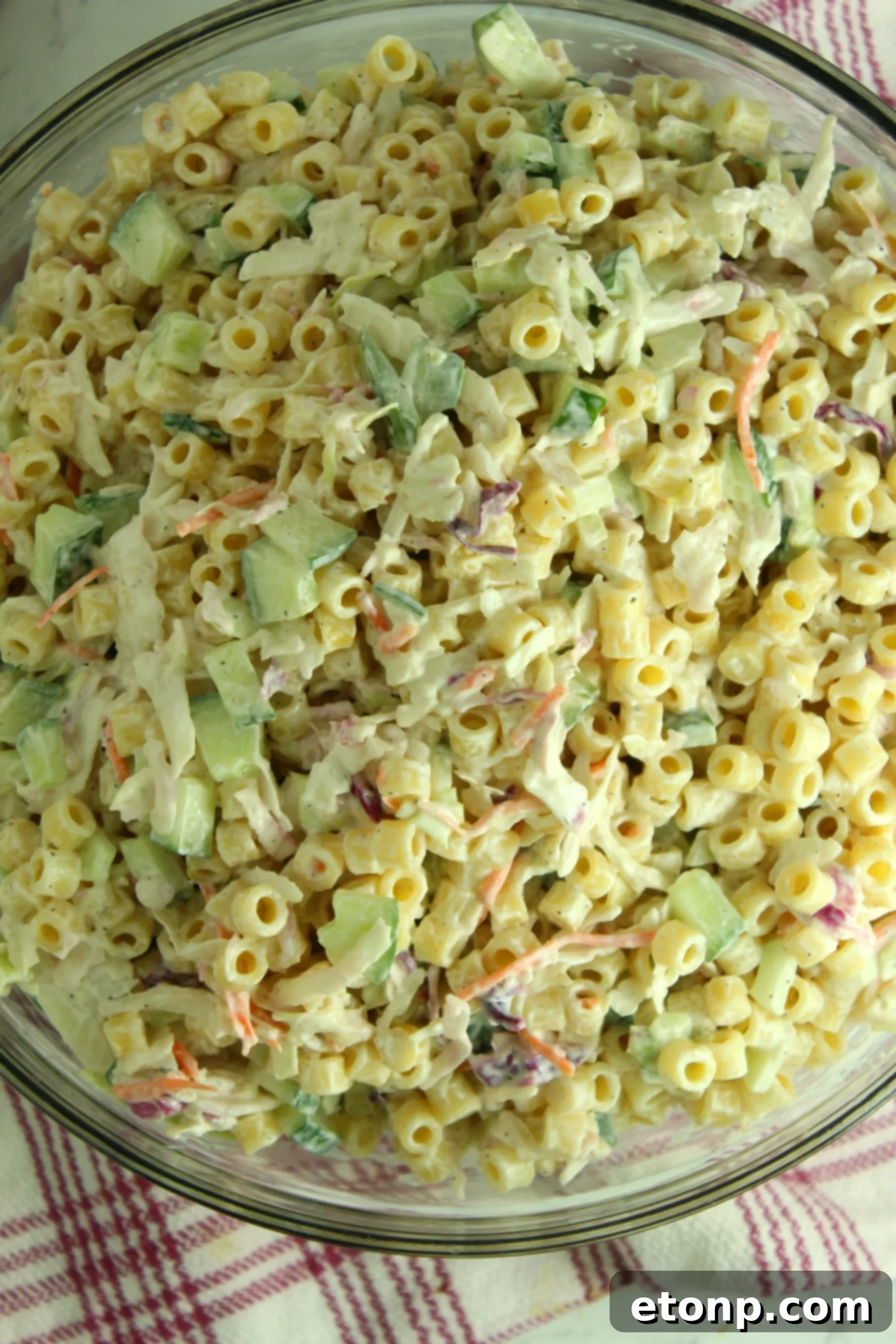 Close-up of Coleslaw Pasta Salad showcasing its creamy texture and visible vegetable pieces, including cucumber and bell pepper.