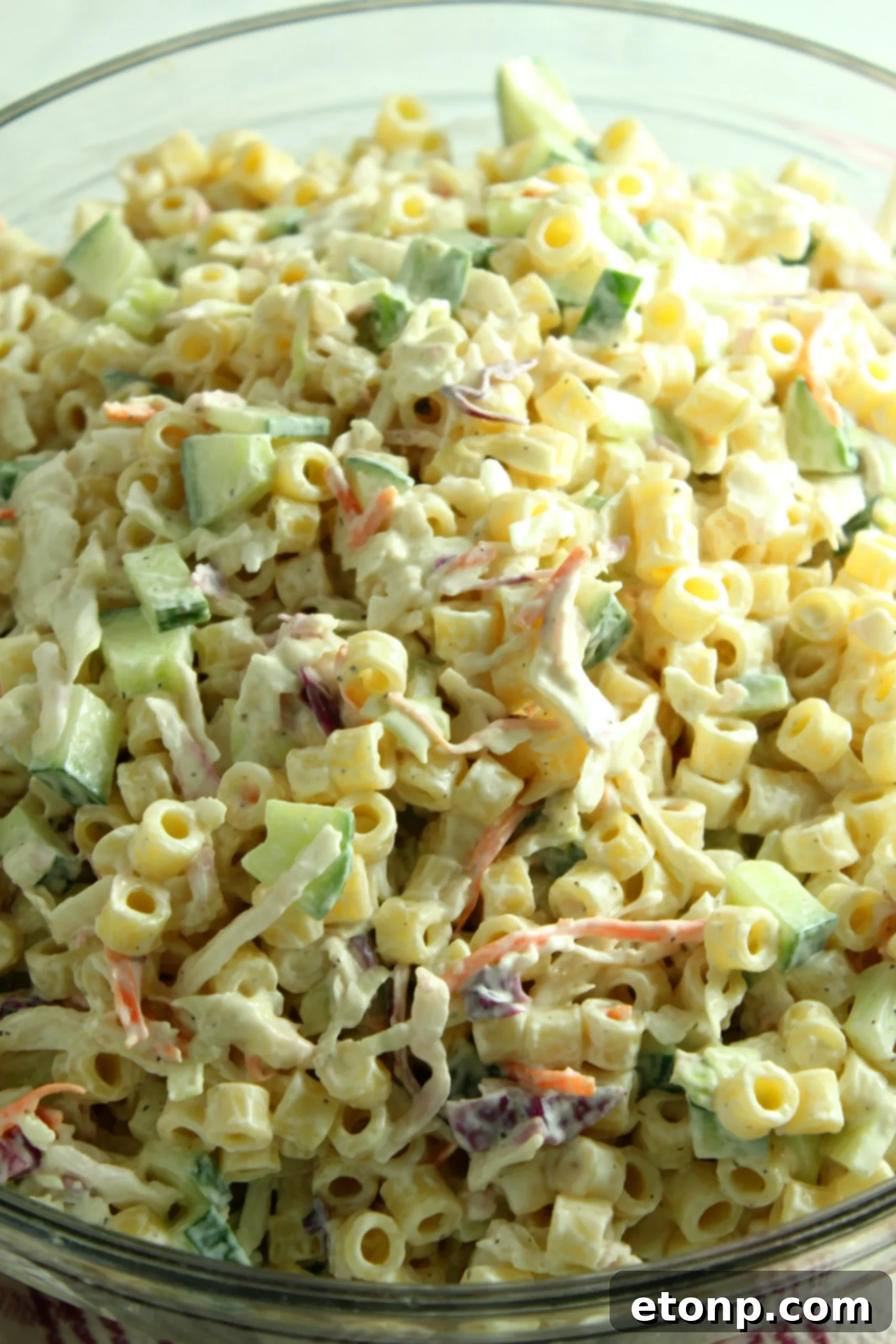Coleslaw Pasta Salad with an even closer view, highlighting the chopped ingredients and the appealing dressing coating them.