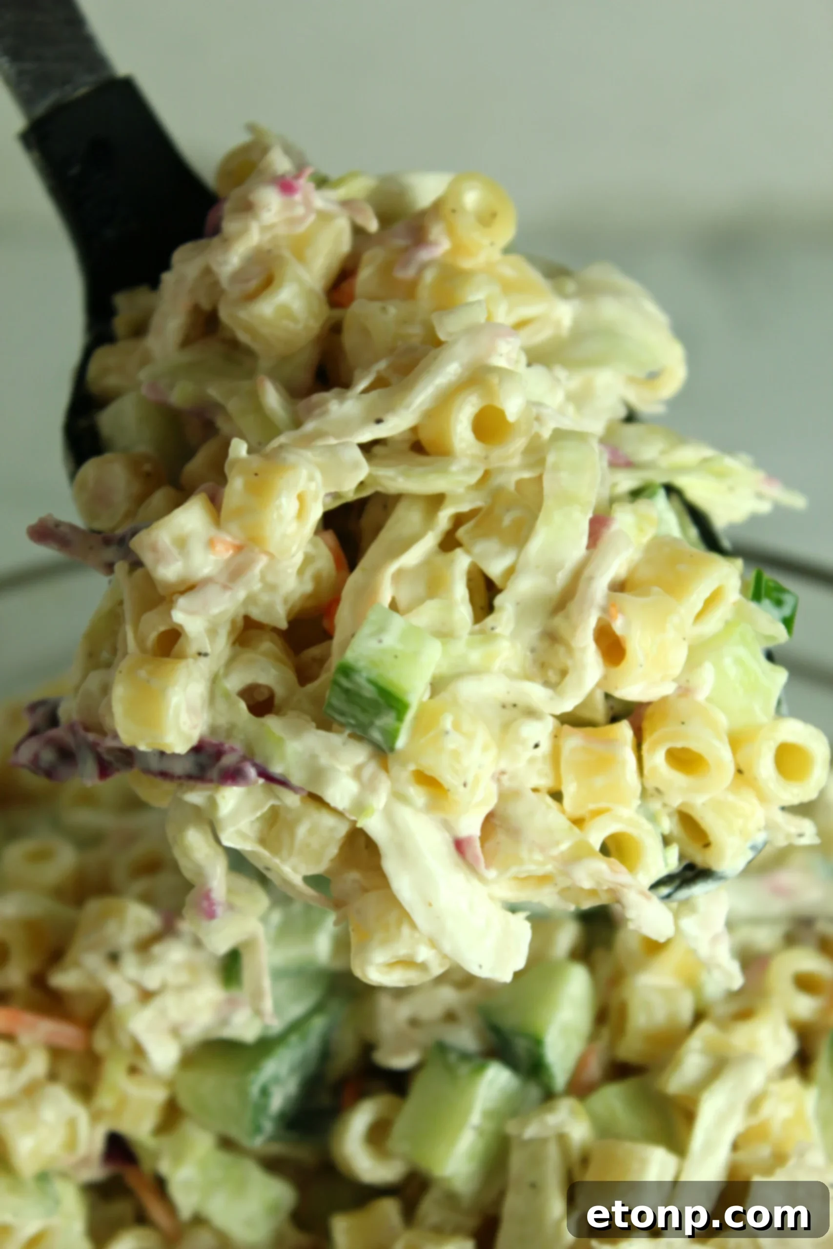 Coleslaw Pasta Salad in a large serving bowl, showing the variety of pasta shapes and colorful vegetables.