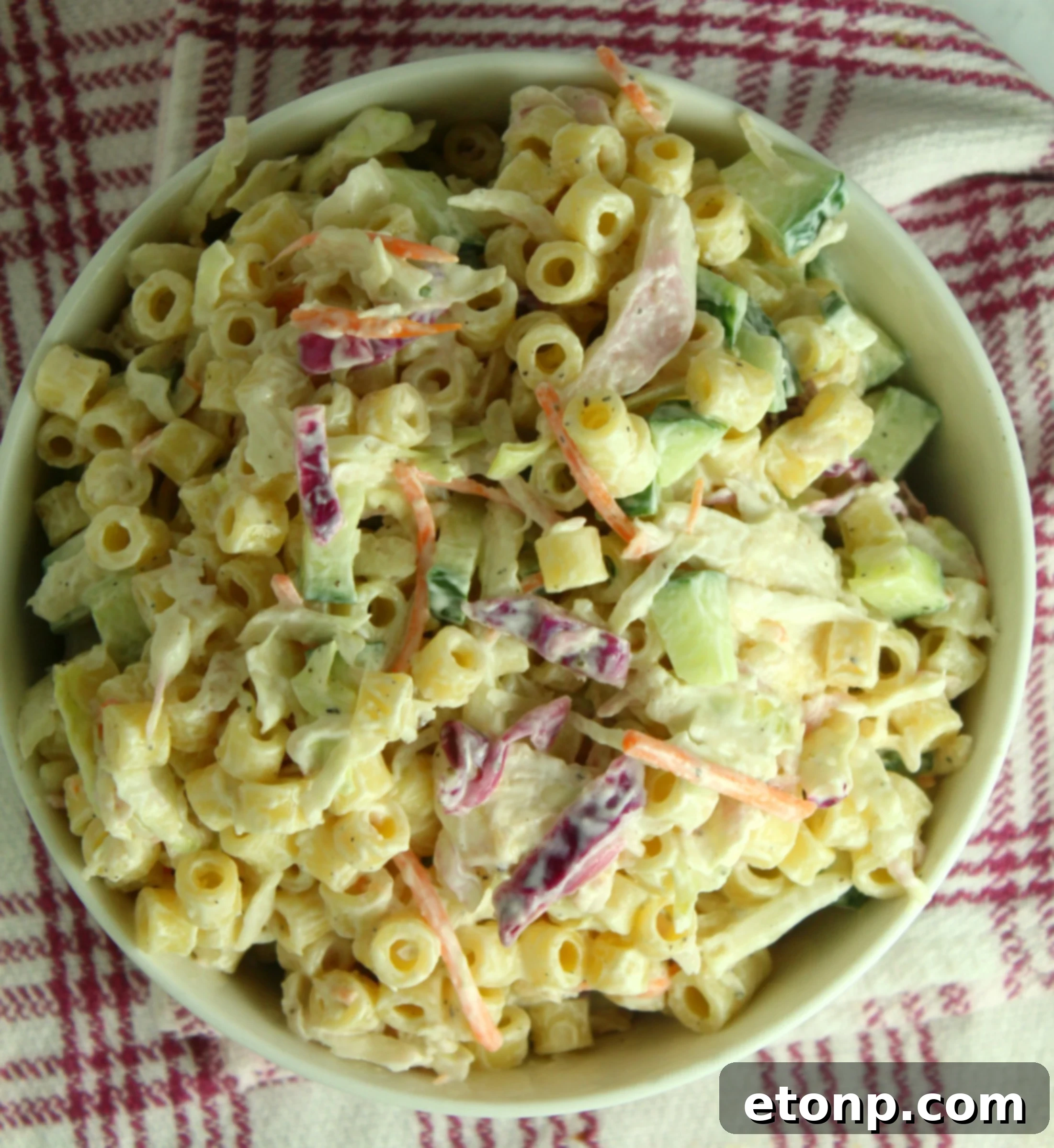 Another view of Coleslaw Pasta Salad, highlighting the crispness of the vegetables and the even distribution of the creamy dressing.