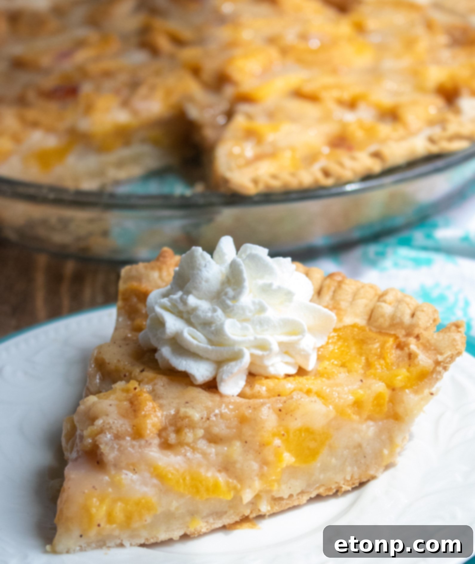 A slice of Southern Peach Pie served with vanilla ice cream and mint garnish