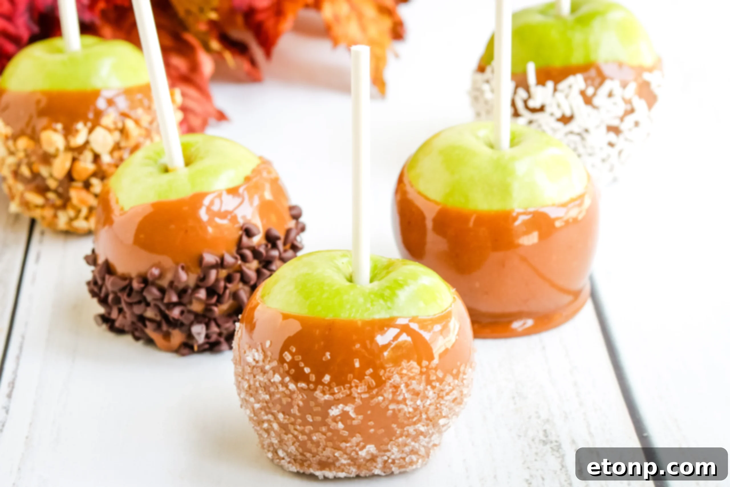 A close-up showing the rich, inviting texture of a homemade caramel apple