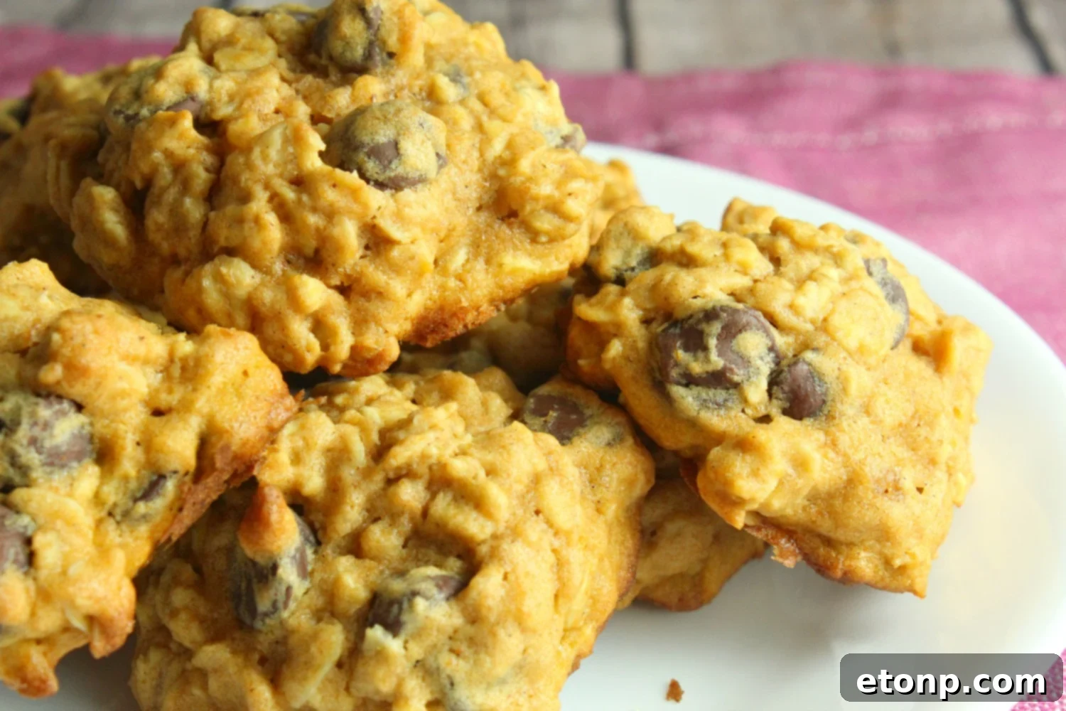 Pumpkin Oatmeal Chocolate Chip Cookies on a wooden board