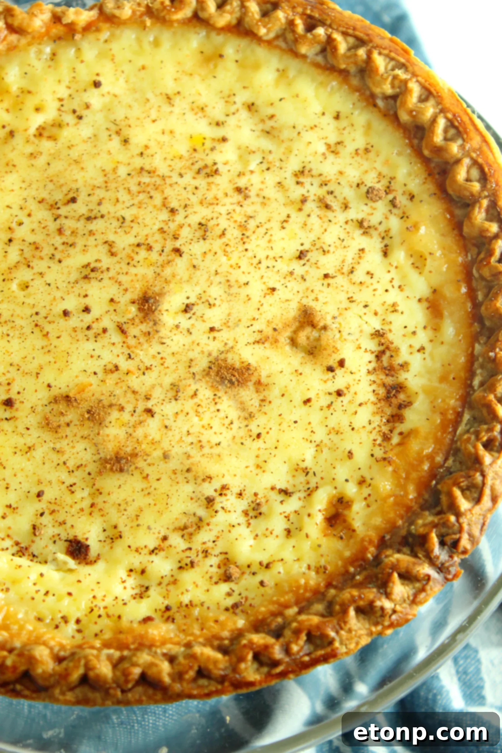 A close-up shot of the finished cream custard pie, showing its smooth texture and golden-brown crust.