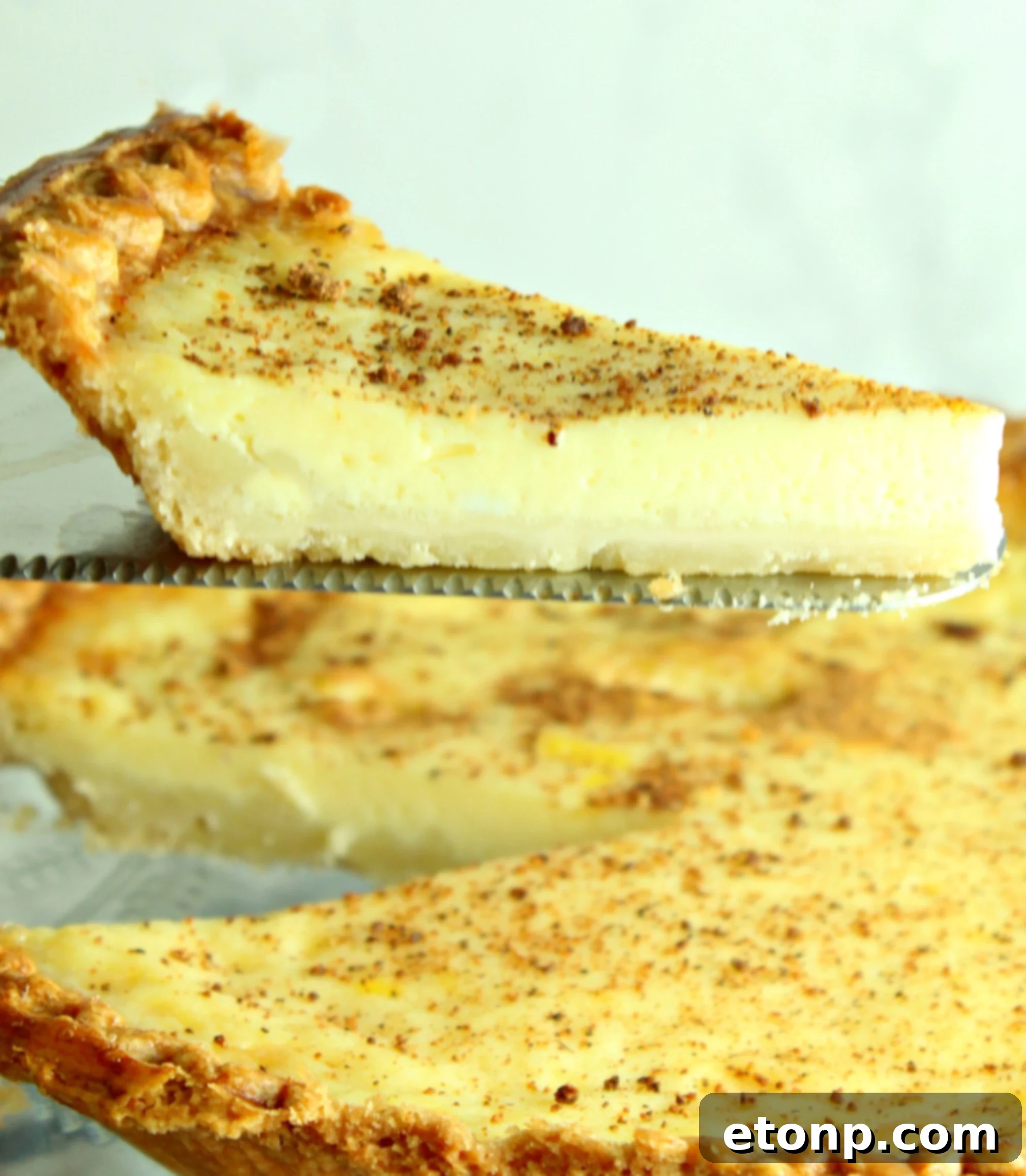 A close-up of a slice of Old Fashioned Cream Custard Pie, showing its golden-brown top and creamy interior.