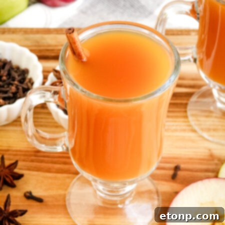 A steaming mug of slow cooker mulled apple cider, garnished with cinnamon stick and orange slice.