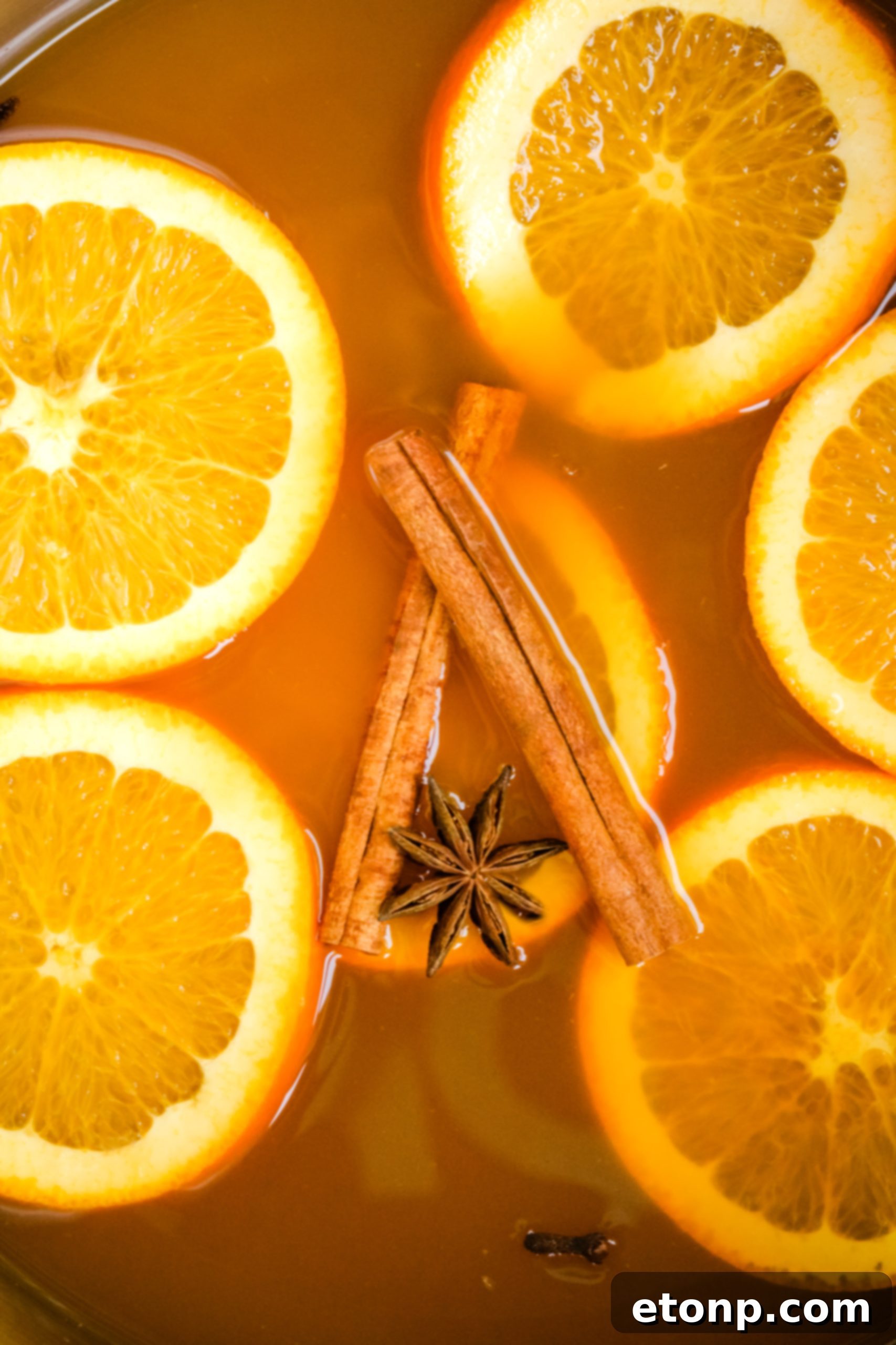 A close-up shot of a steaming glass mug filled with mulled cider, garnished with cinnamon, orange, and apple slices, on a rustic wooden surface.