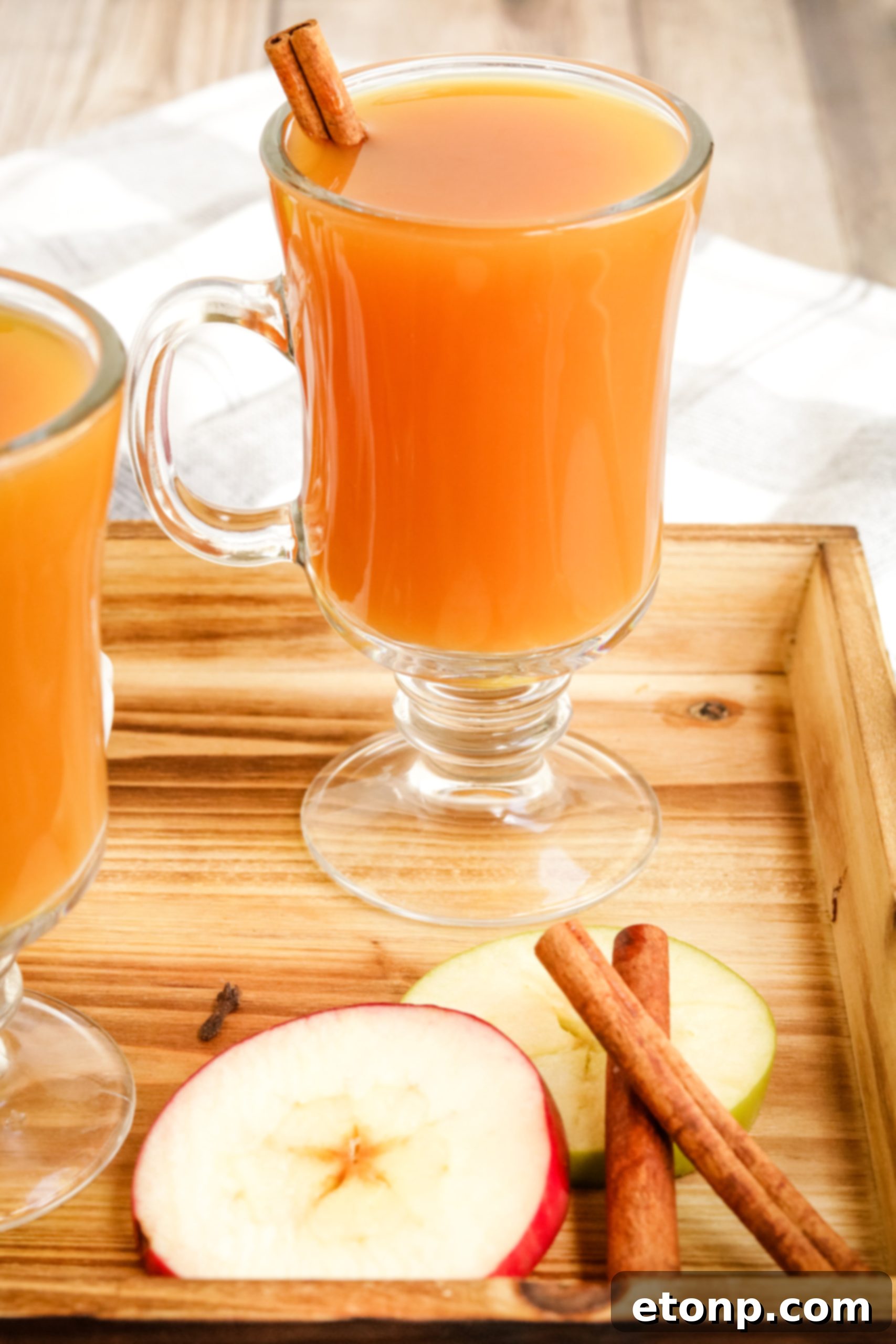 A close-up of a pot of mulled cider, showing the vibrant color and the various spices and fruits infusing.