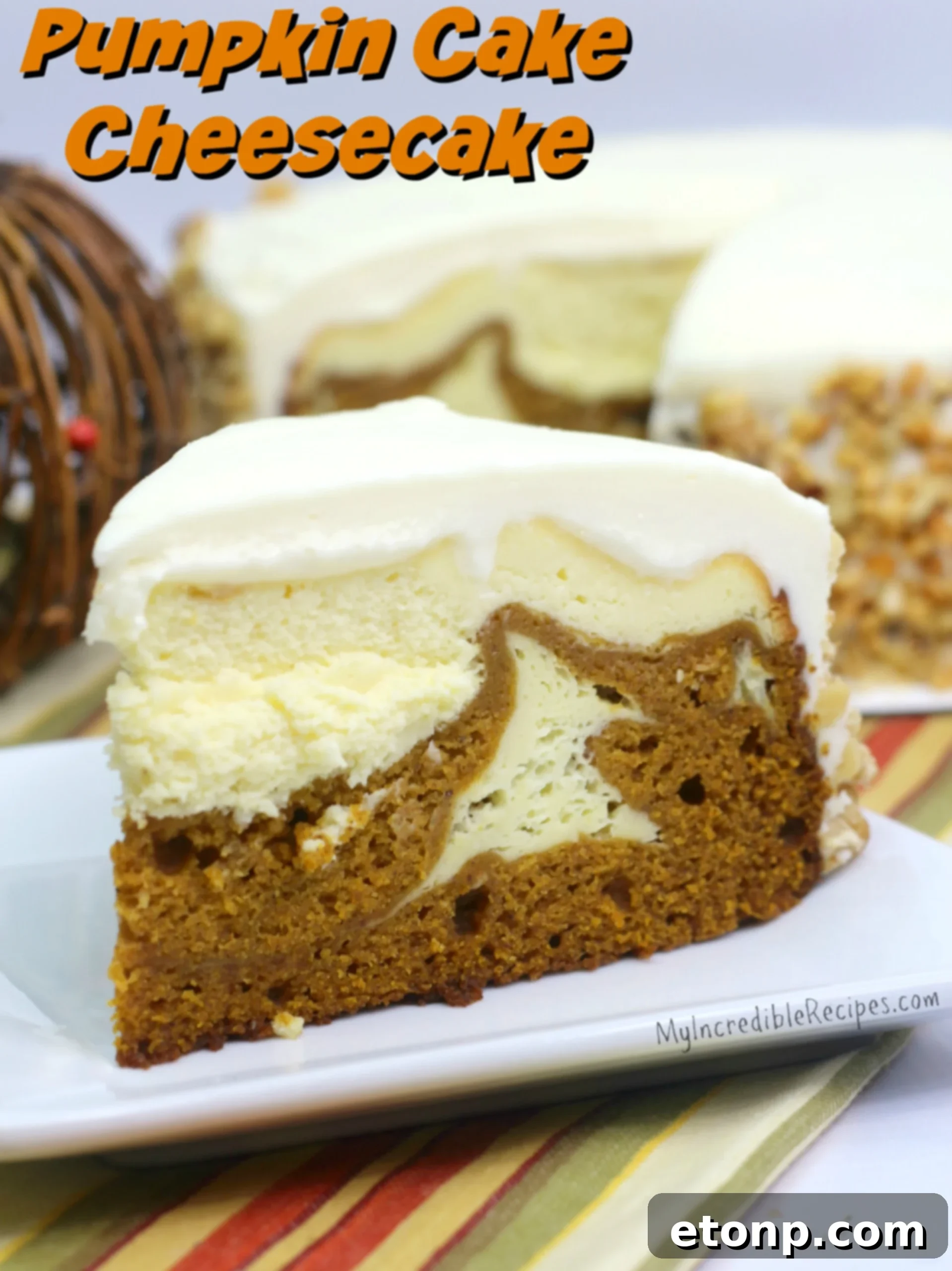 A serving of Pumpkin Cake Cheesecake on a white plate, adorned with a luxurious caramel drizzle and surrounded by scattered walnuts, emphasizing its appeal