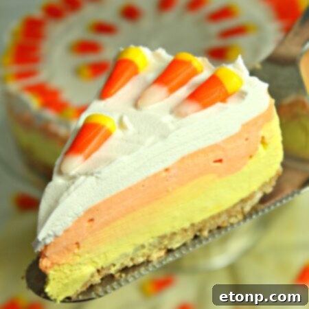 Featured image for No Bake Candy Corn Cheesecake recipe card