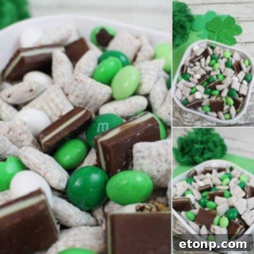 A close-up, top-down shot of a small bowl filled with Andes Mint Muddy Buddies, ready to be enjoyed.