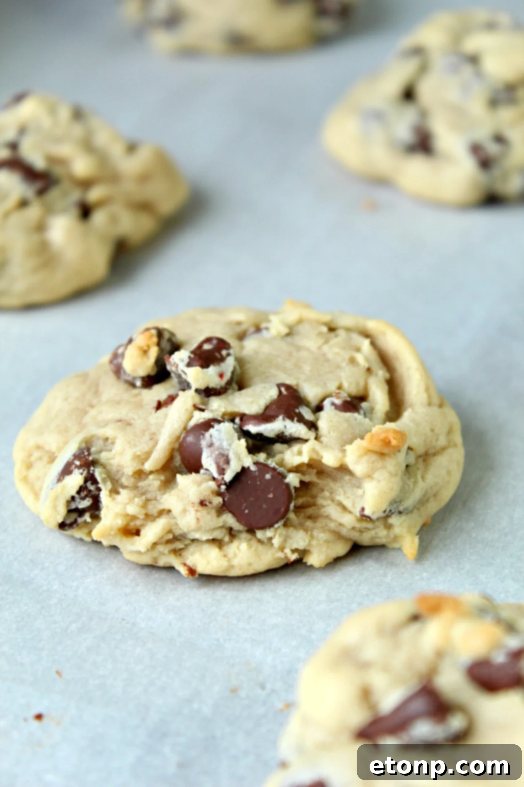 Creamy Dream Chocolate Chip Cookies 3 Close-up of a hand reaching for a freshly baked Soft Batch Cream Cheese Chocolate Chip Cookie, highlighting its soft interior and melty chocolate.