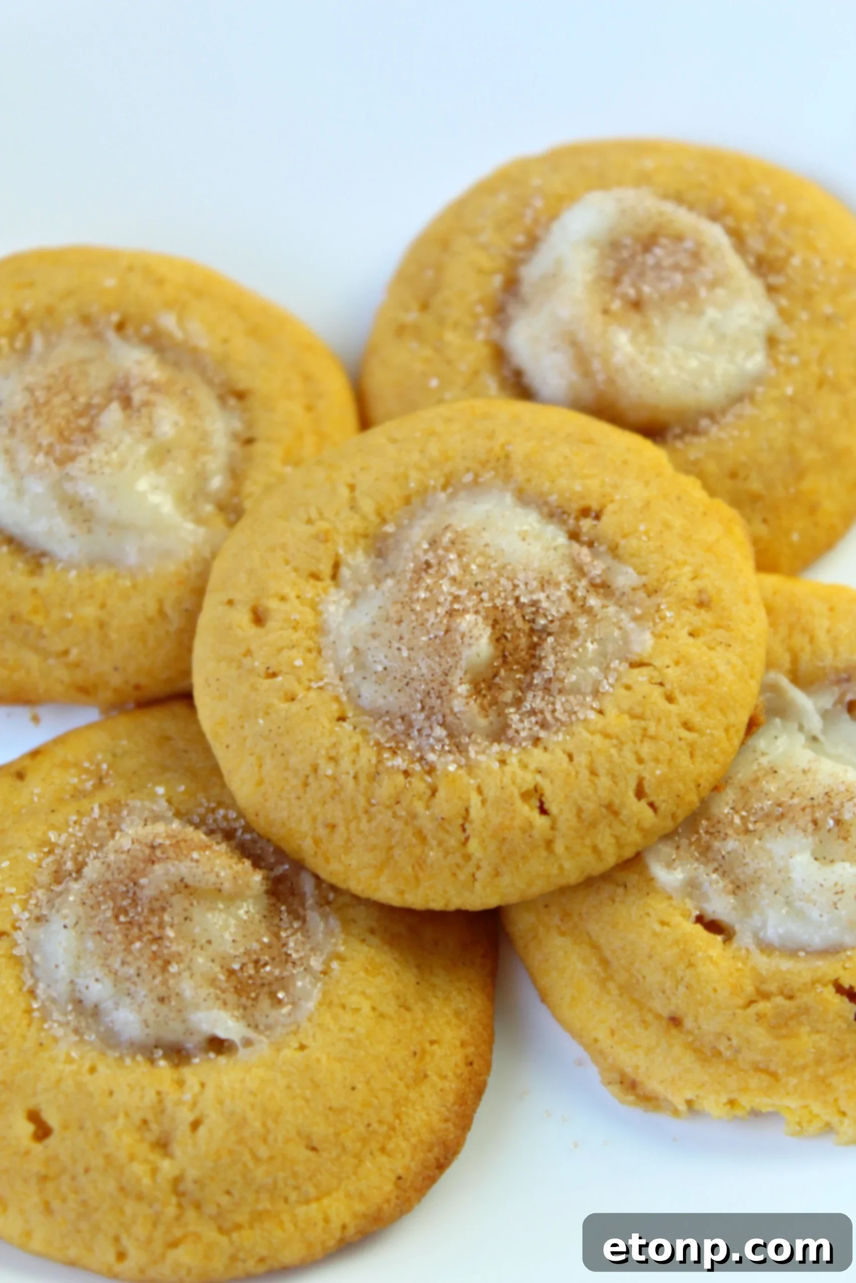 Soft, chewy pumpkin thumbprint cookies filled with creamy cheesecake and sprinkled with cinnamon sugar