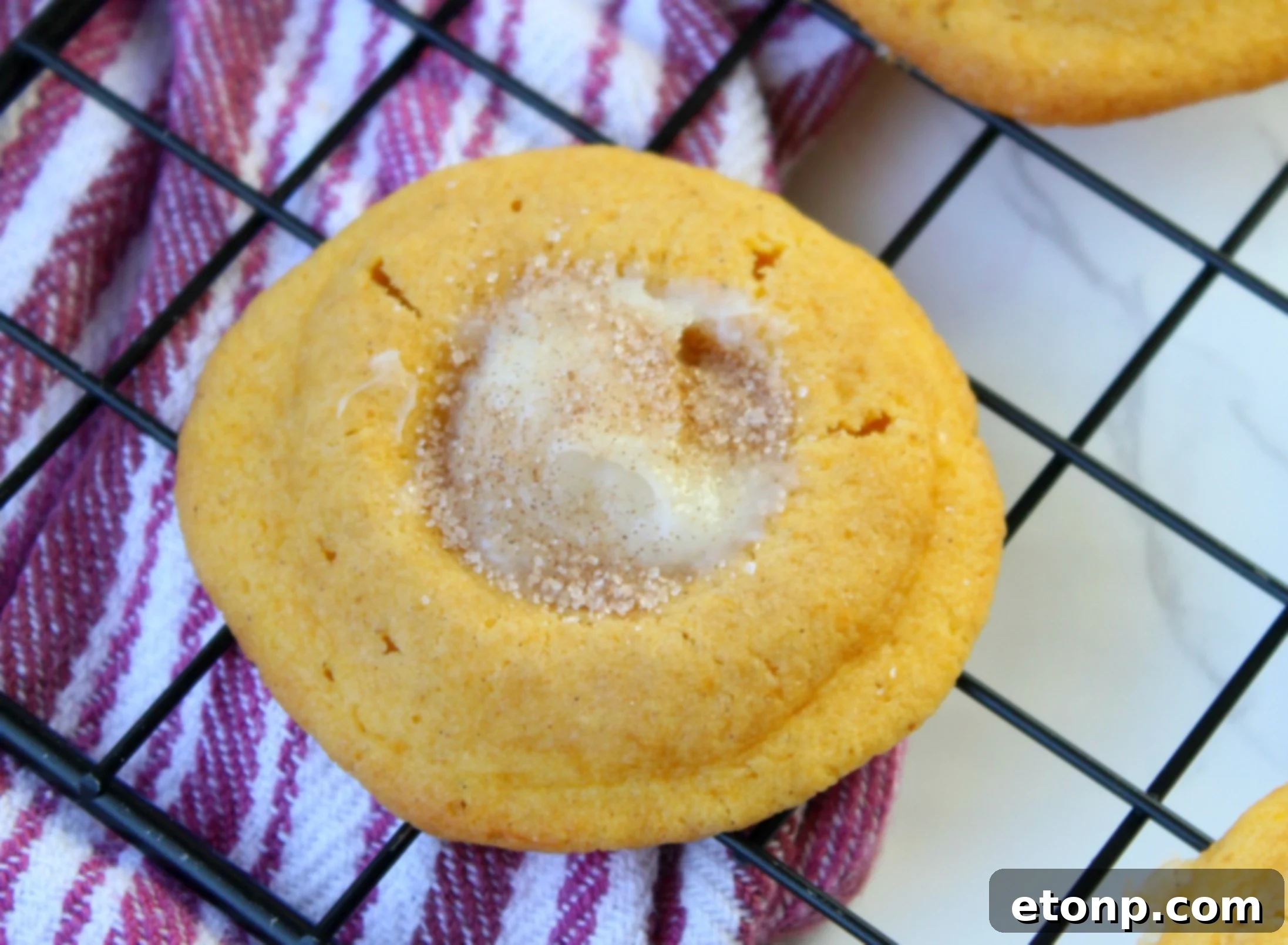 A close-up of a hand holding a perfectly baked pumpkin cheesecake thumbprint cookie