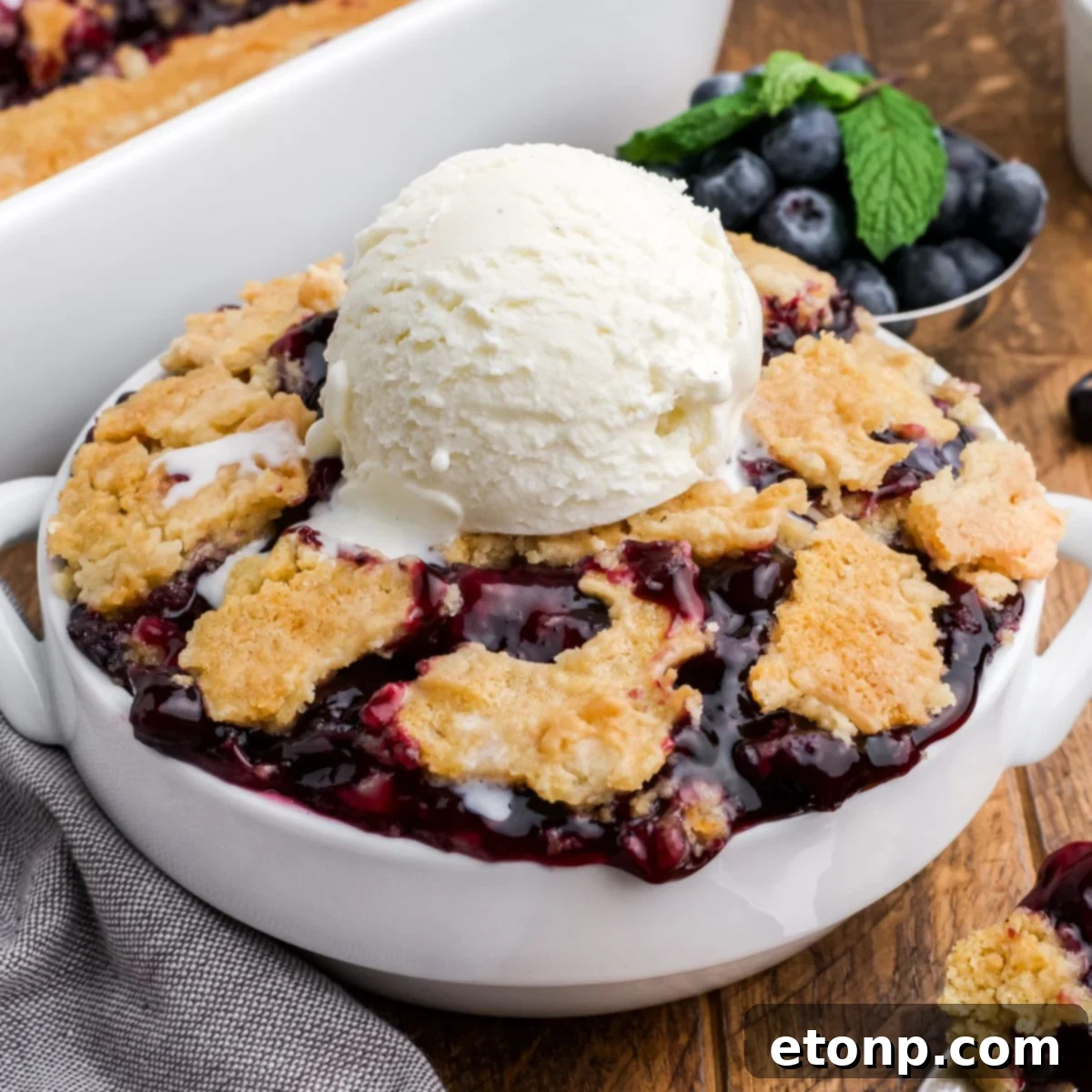 Blueberry Dump Cake in a bowl topped with a scoop of vanilla ice cream